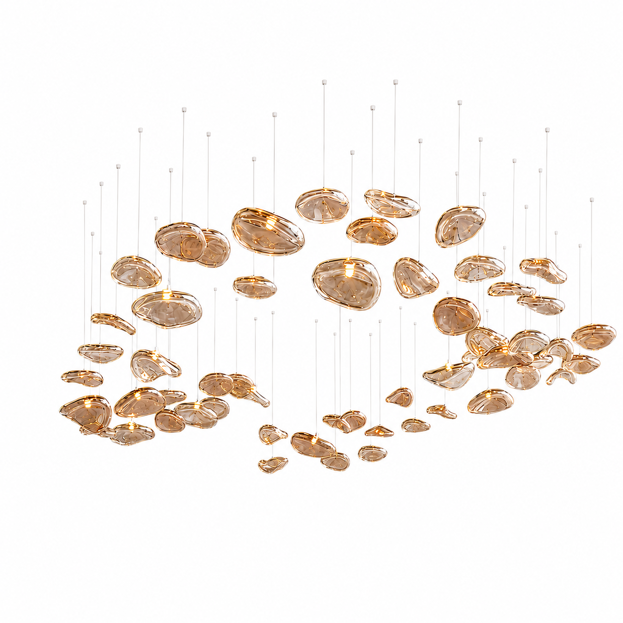 The Halo Chandelier by The Qratist features suspended rose gold glass elements arranged in a sculptural circular composition inspired by a radiant halo.