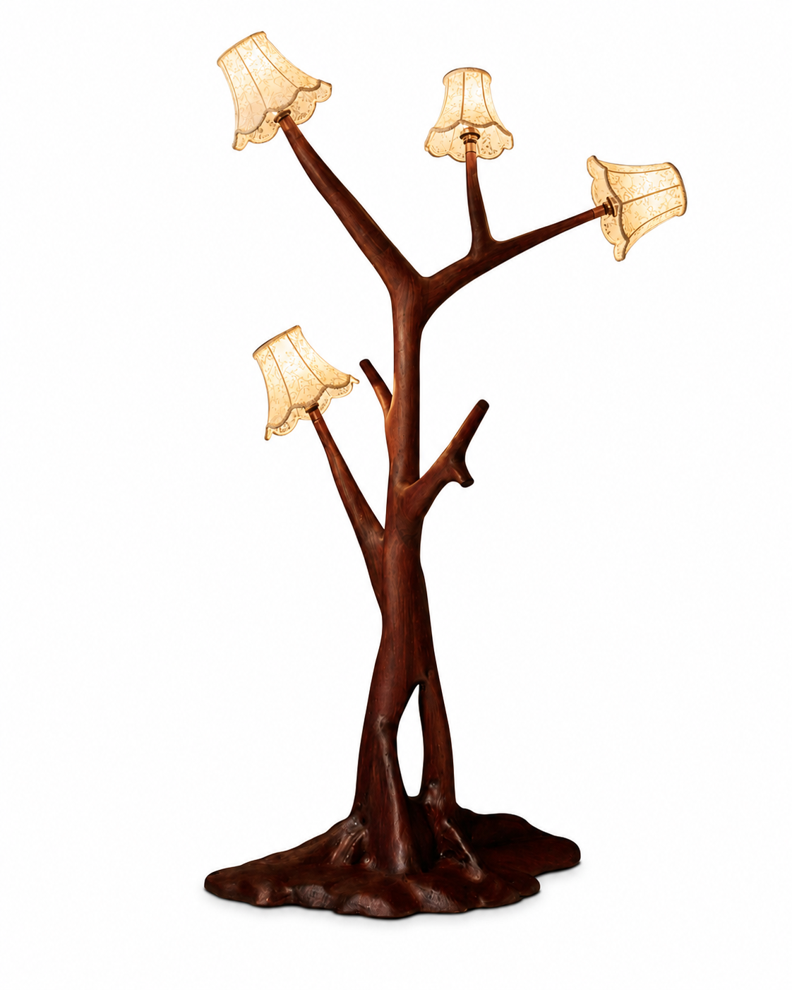 The Hat Trick Floor Lamp by The Qratist features a handcrafted tree inspired wooden structure with four tailored fabric shades, creating warm ambient illumination with sculptural elegance.