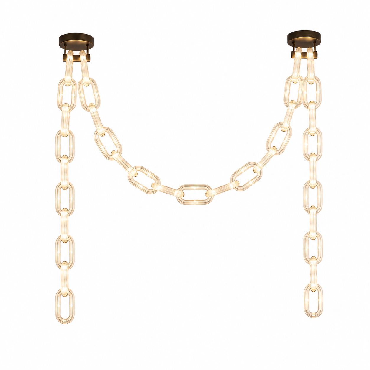 The Linked Chandelier by The Qratist features illuminated glass chain links suspended from a sleek metal frame, creating a bold contemporary architectural statement.
