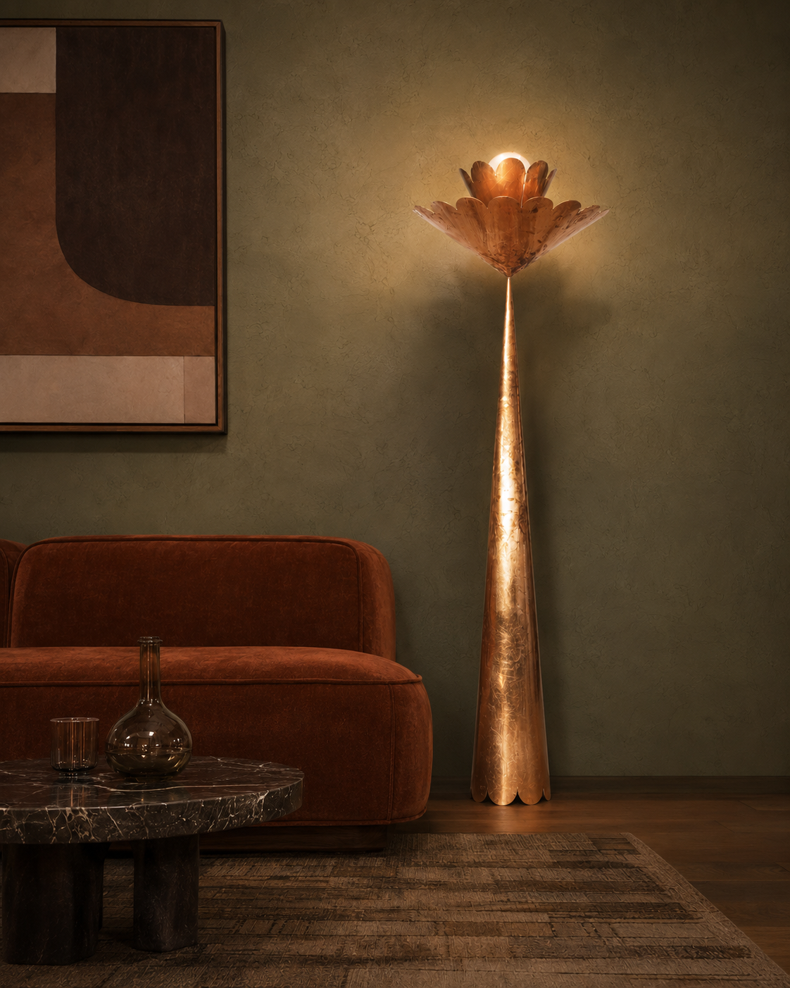 The Lotus Floor Lamp by The Qratist features handcrafted copper finished metal petals inspired by the graceful bloom of a lotus flower, creating an elegant sculptural floor lighting statement.