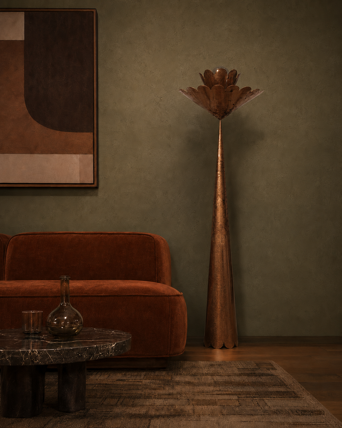 The Lotus Floor Lamp by The Qratist features handcrafted copper finished metal petals inspired by the graceful bloom of a lotus flower, creating an elegant sculptural floor lighting statement.