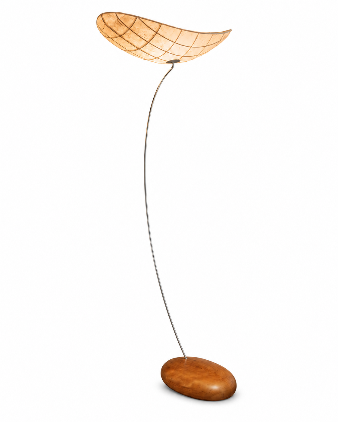 The Manta Floor Lamp by The Qratist features a handcrafted manta ray inspired fabric shade suspended on a slender metal frame with a natural wood base, creating warm ambient illumination.