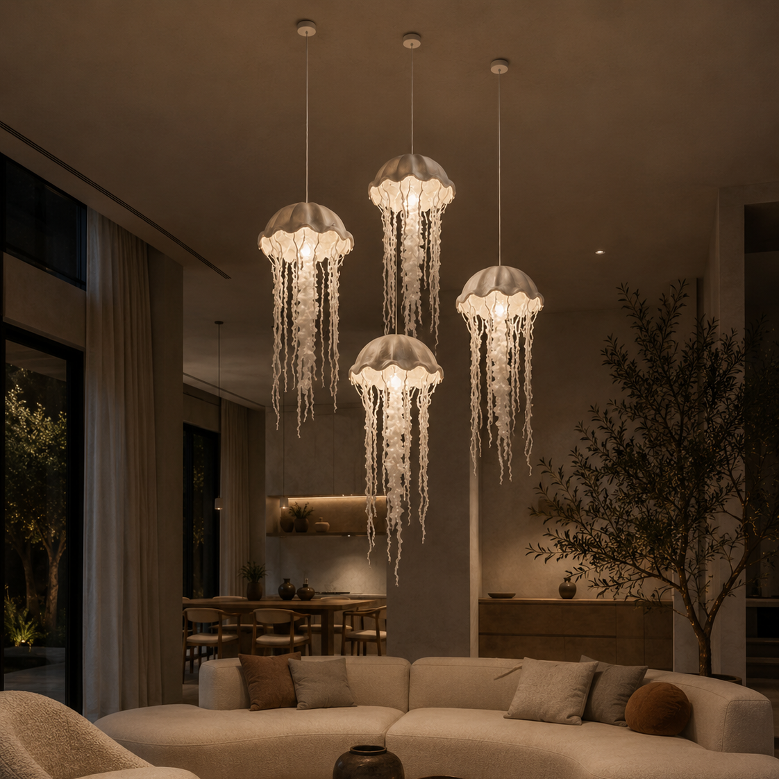 The Medusa Chandelier by The Qratist features handcrafted crystal glass threads and ribbons suspended from a nickel finished frame, creating a graceful jellyfish inspired silhouette.