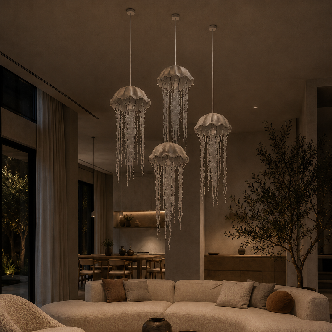 The Medusa Chandelier by The Qratist features handcrafted crystal glass threads and ribbons suspended from a nickel finished frame, creating a graceful jellyfish inspired silhouette.