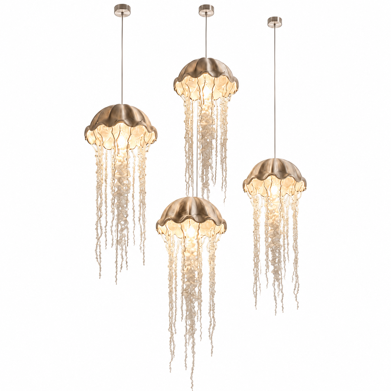 The Medusa Chandelier by The Qratist features handcrafted crystal glass threads and ribbons suspended from a nickel finished frame, creating a graceful jellyfish inspired silhouette.