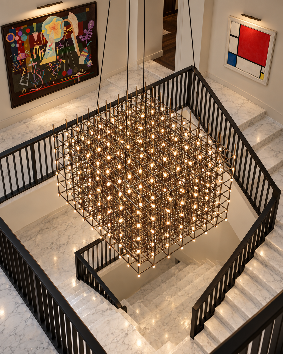 The Rubik's Cube Chandelier by The Qratist features an intricate antique bronze metal grid with integrated LED light points arranged in a sculptural cube formation.