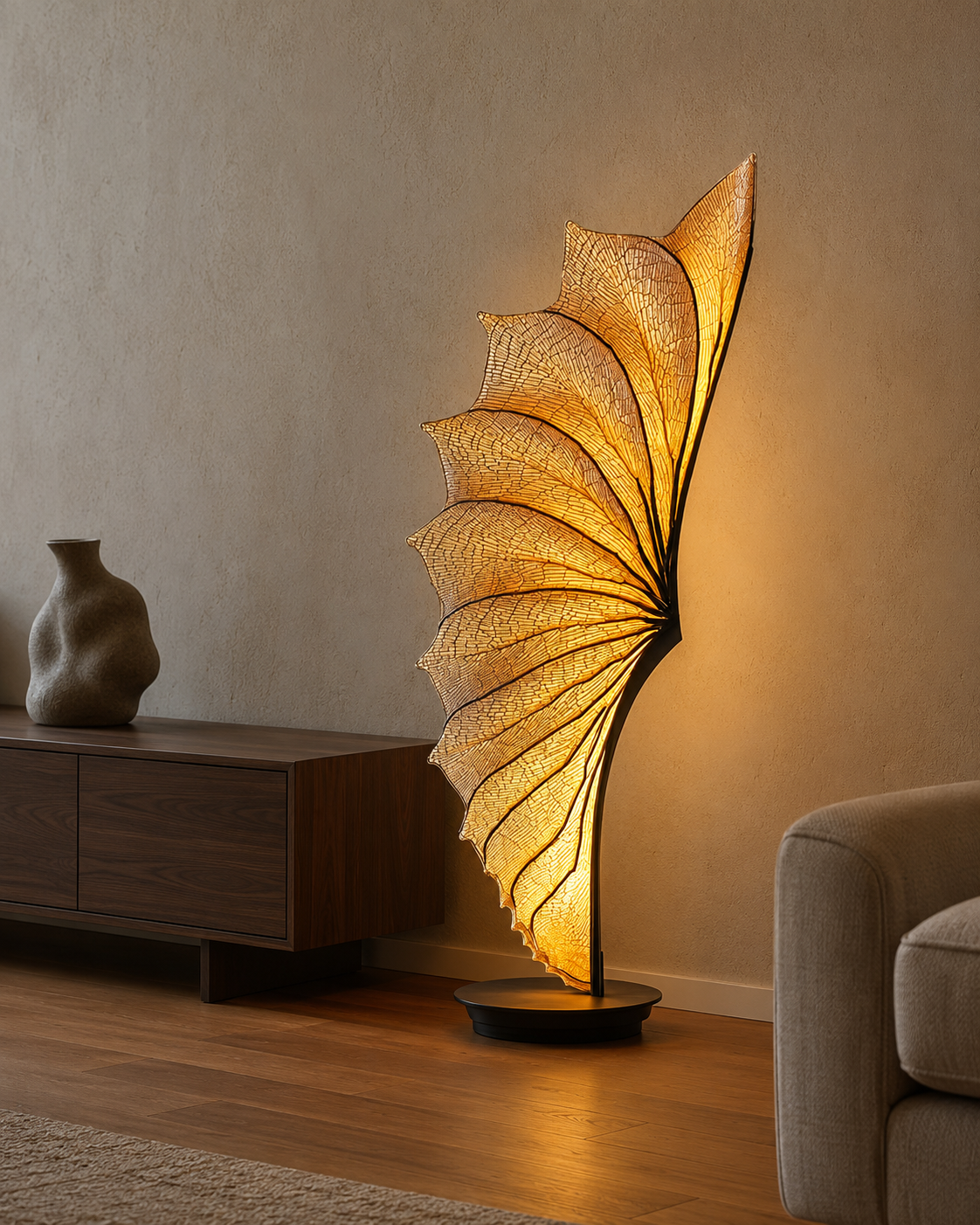 The Seahorse Floor Lamp by The Qratist features a handcrafted steel frame with flowing silk and resin panels inspired by the graceful form of a seahorse, creating a sculptural floor lamp with a warm ambient glow.