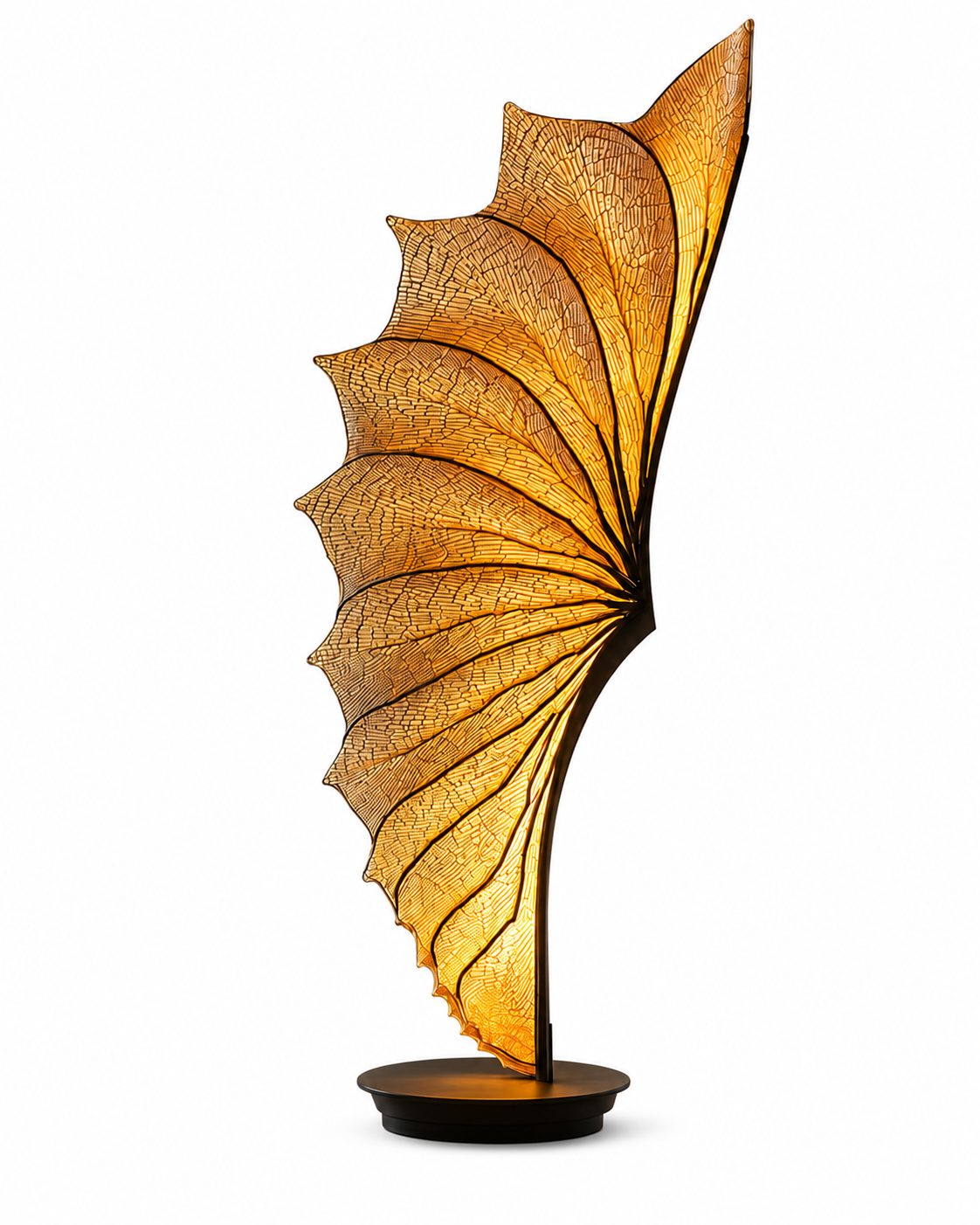 The Seahorse Floor Lamp by The Qratist features a handcrafted steel frame with flowing silk and resin panels inspired by the graceful form of a seahorse, creating a sculptural floor lamp with a warm ambient glow.