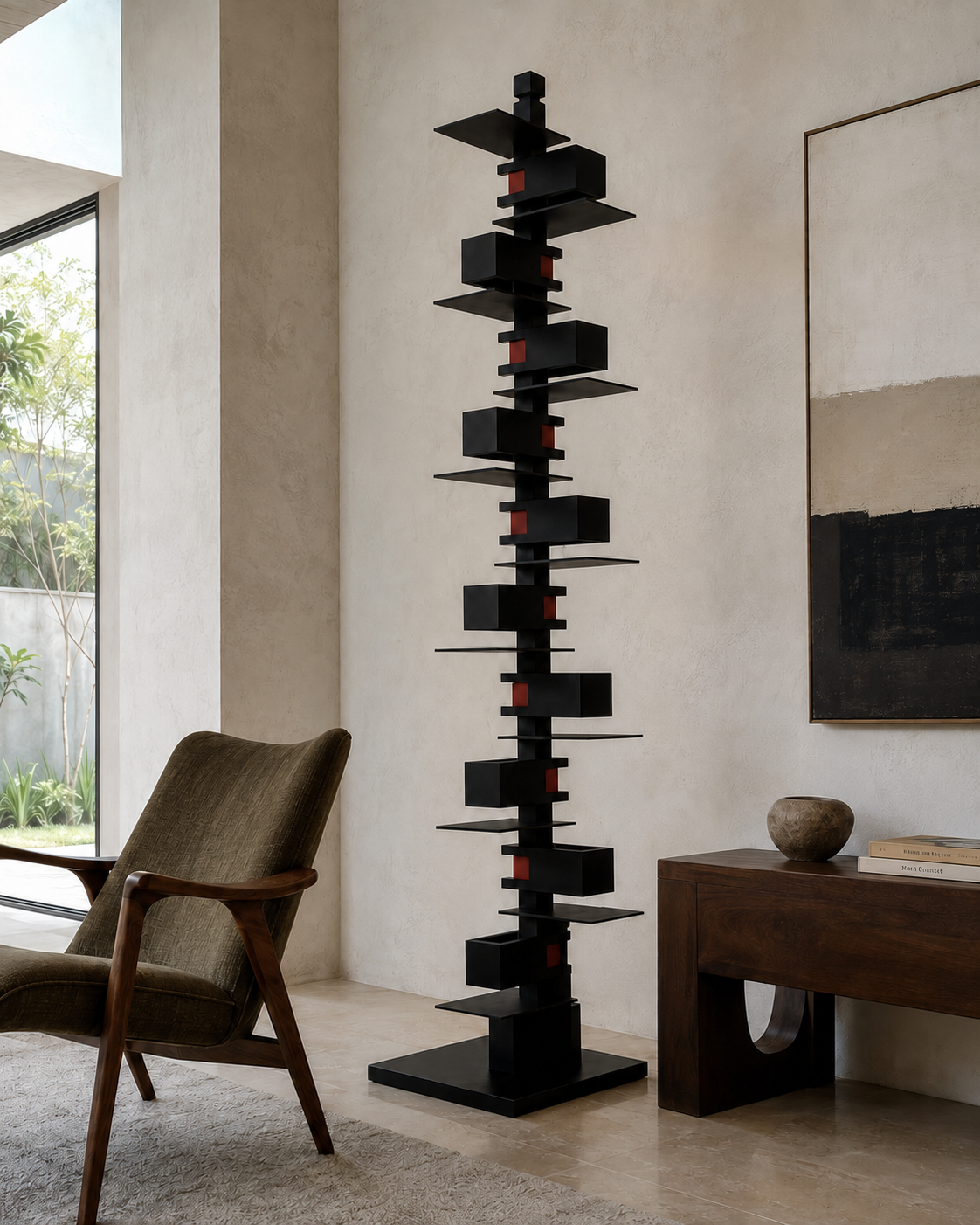 The Skyscraper Floor Lamp by The Qratist features a sculptural black stainless steel structure with stacked geometric forms and concealed warm illumination inspired by the silhouette of a modern city skyline.