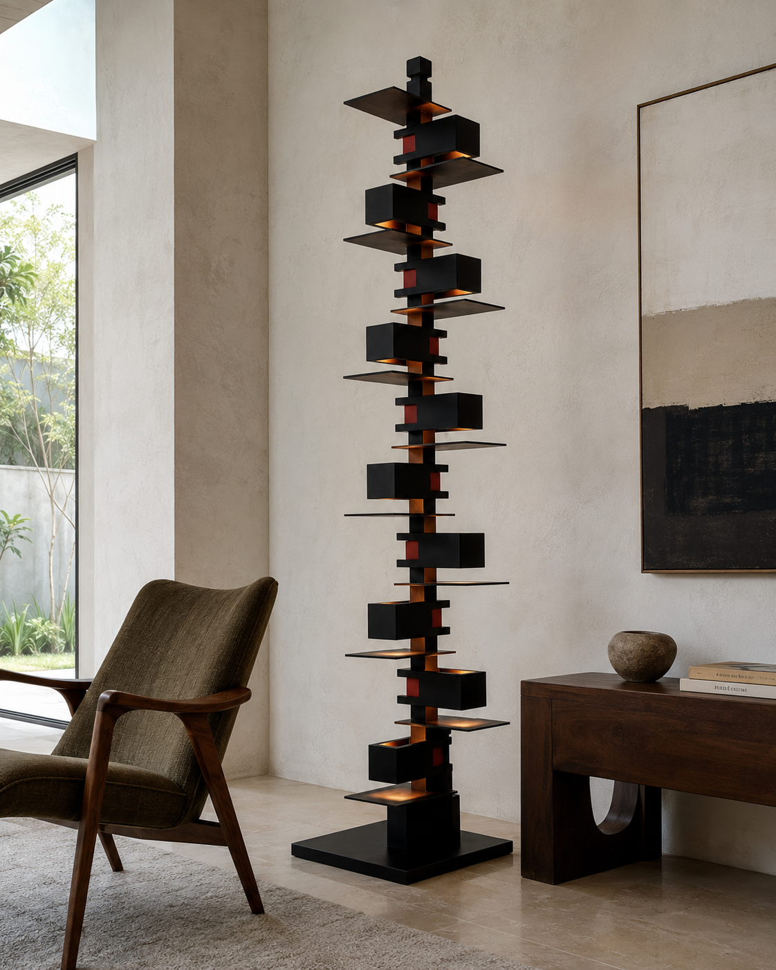 The Skyscraper Floor Lamp by The Qratist features a sculptural black stainless steel structure with stacked geometric forms and concealed warm illumination inspired by the silhouette of a modern city skyline.