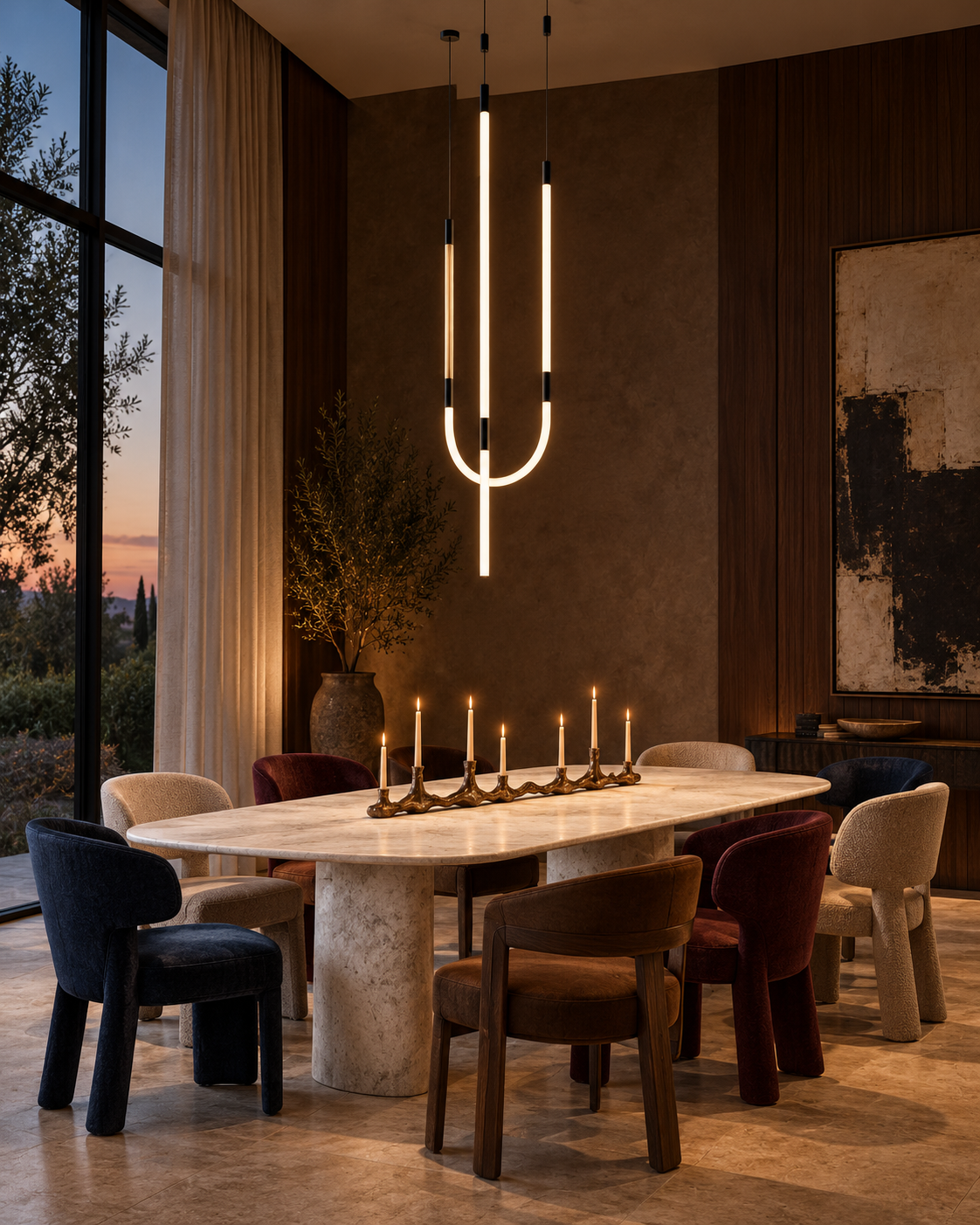 The Trident Chandelier by The Qratist features three elongated illuminated arms crafted from metal with smooth silicone diffusers in a sculptural trident inspired composition.