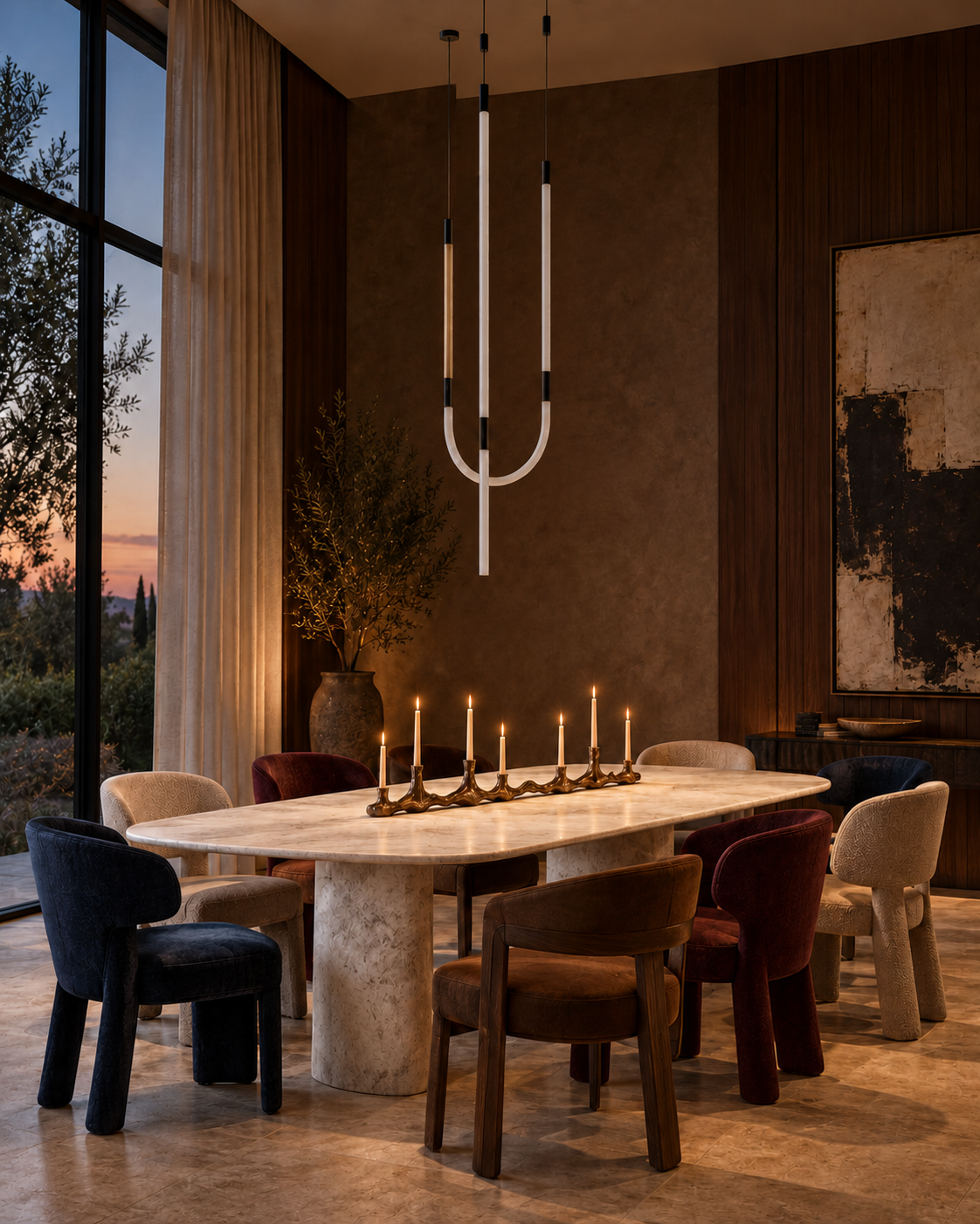 The Trident Chandelier by The Qratist features three elongated illuminated arms crafted from metal with smooth silicone diffusers in a sculptural trident inspired composition.