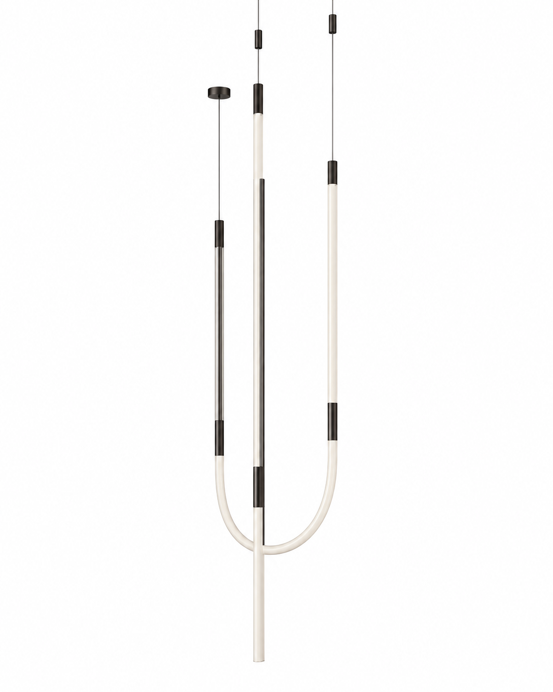 The Trident Chandelier by The Qratist features three elongated illuminated arms crafted from metal with smooth silicone diffusers in a sculptural trident inspired composition.