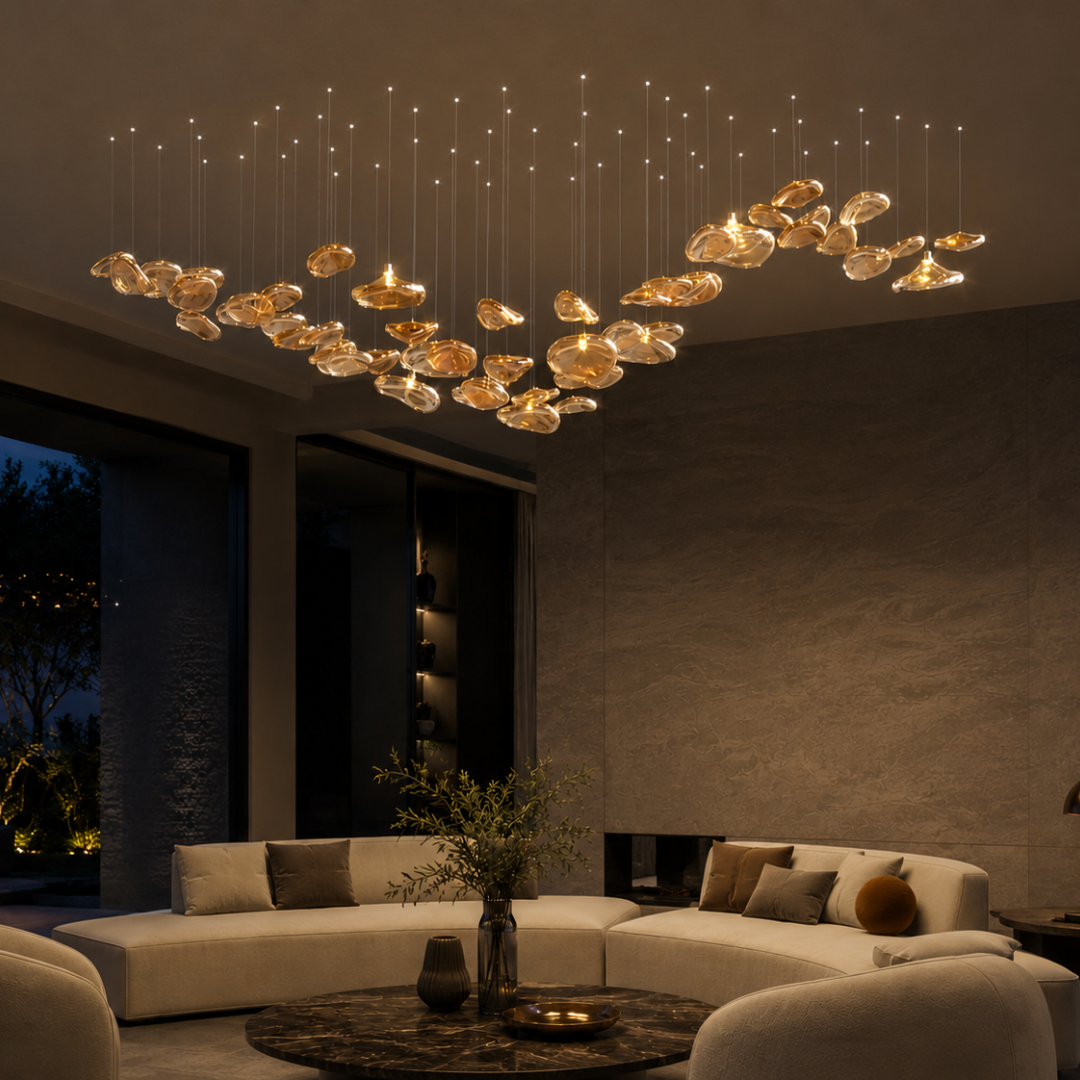 The Veil chandelier by the Qratist features suspended rose gold glass elements in a flowing sculptural arrangement. 