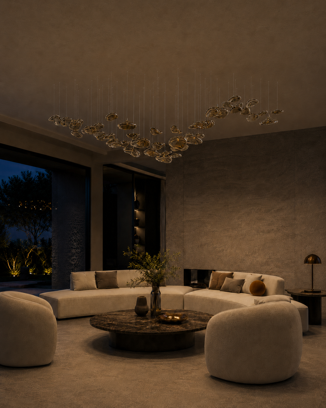 The Veil chandelier by the Qratist features suspended rose gold glass elements in a flowing sculptural arrangement. 