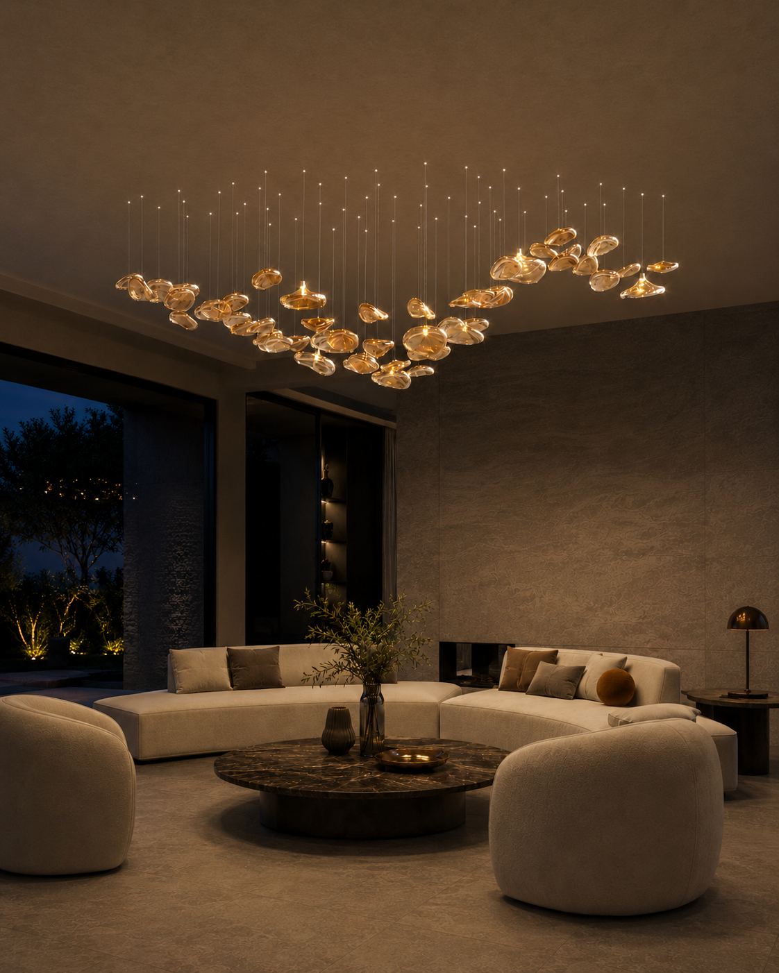 The Veil chandelier by the Qratist features suspended rose gold glass elements in a flowing sculptural arrangement. 