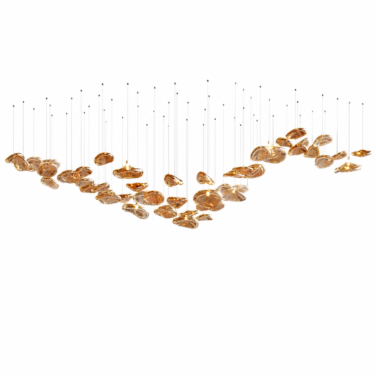 The Veil chandelier by the Qratist features suspended rose gold glass elements in a flowing sculptural arrangement. 
