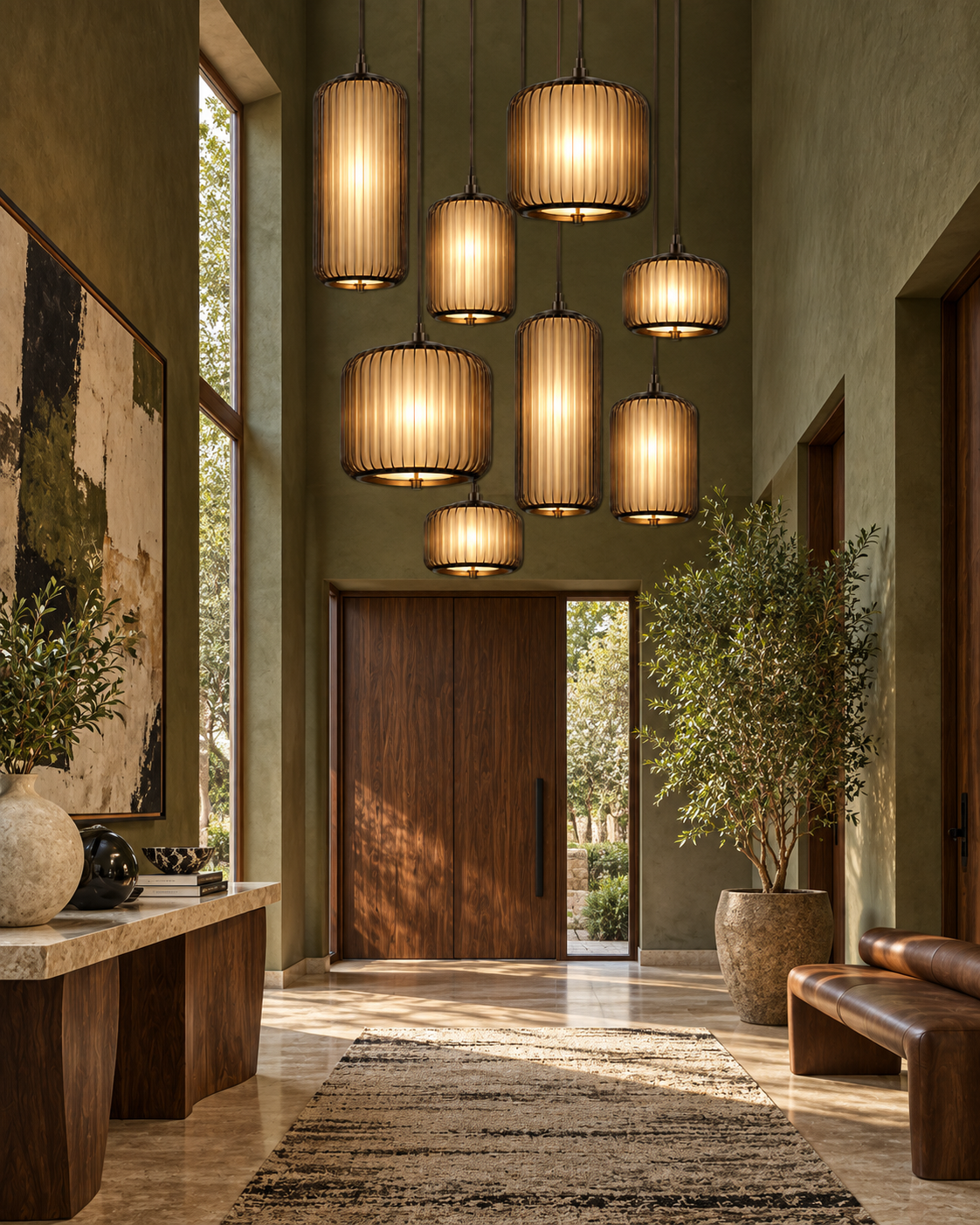 The Birdcage Chandelier by The Qratist features ribbed aluminium pendants with softly illuminated acrylic diffusers suspended in a layered sculptural composition.