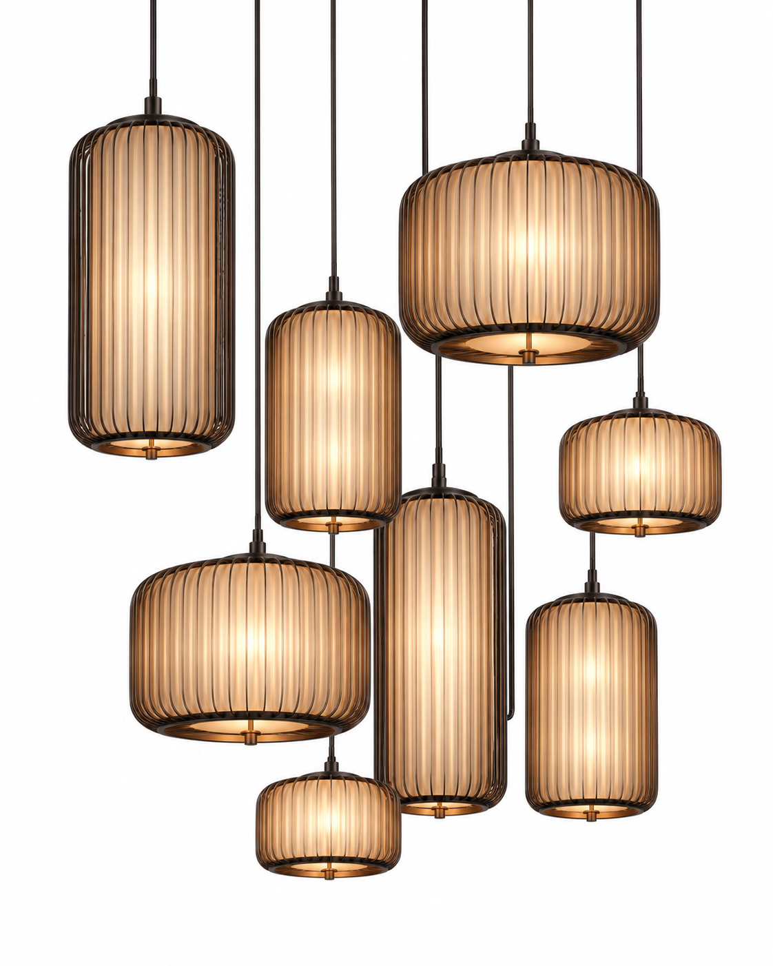 The Birdcage Chandelier by The Qratist features ribbed aluminium pendants with softly illuminated acrylic diffusers suspended in a layered sculptural composition.