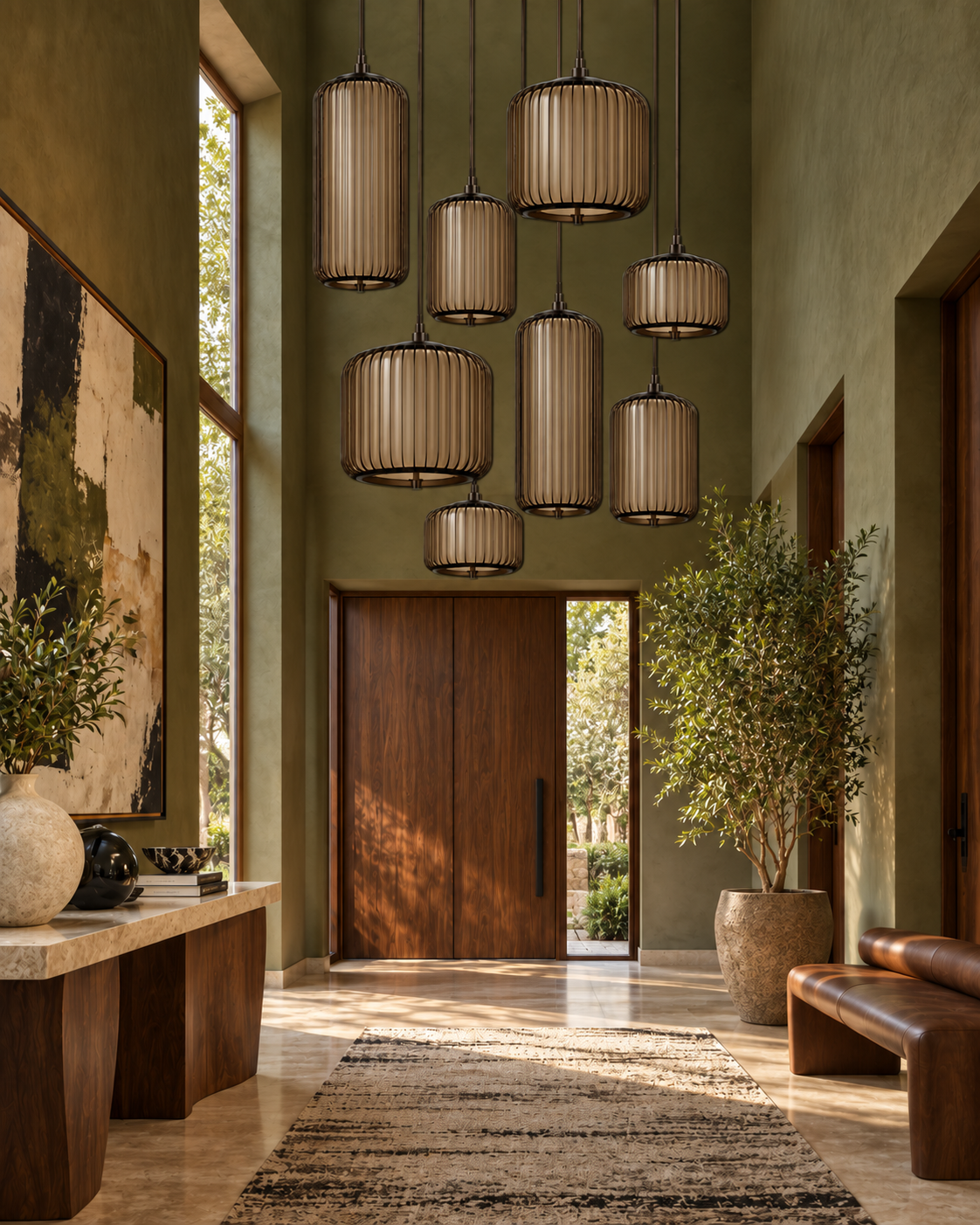 The Birdcage Chandelier by The Qratist features ribbed aluminium pendants with softly illuminated acrylic diffusers suspended in a layered sculptural composition.