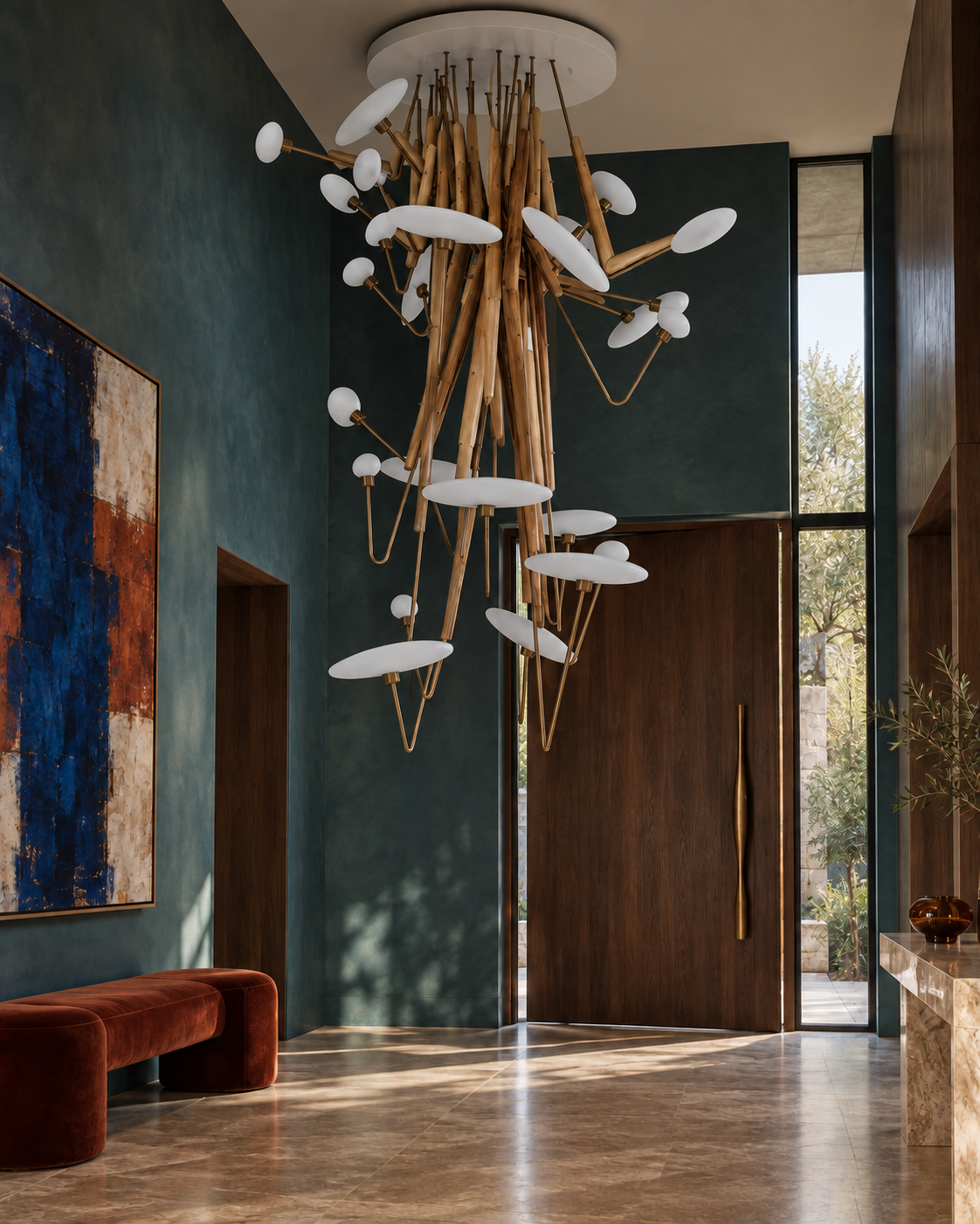 The Mikado Chandelier by The Qratist features polished teak, antique bronze stainless steel, and white frosted hand blown glass arranged in a dramatic cascading sculptural composition.
