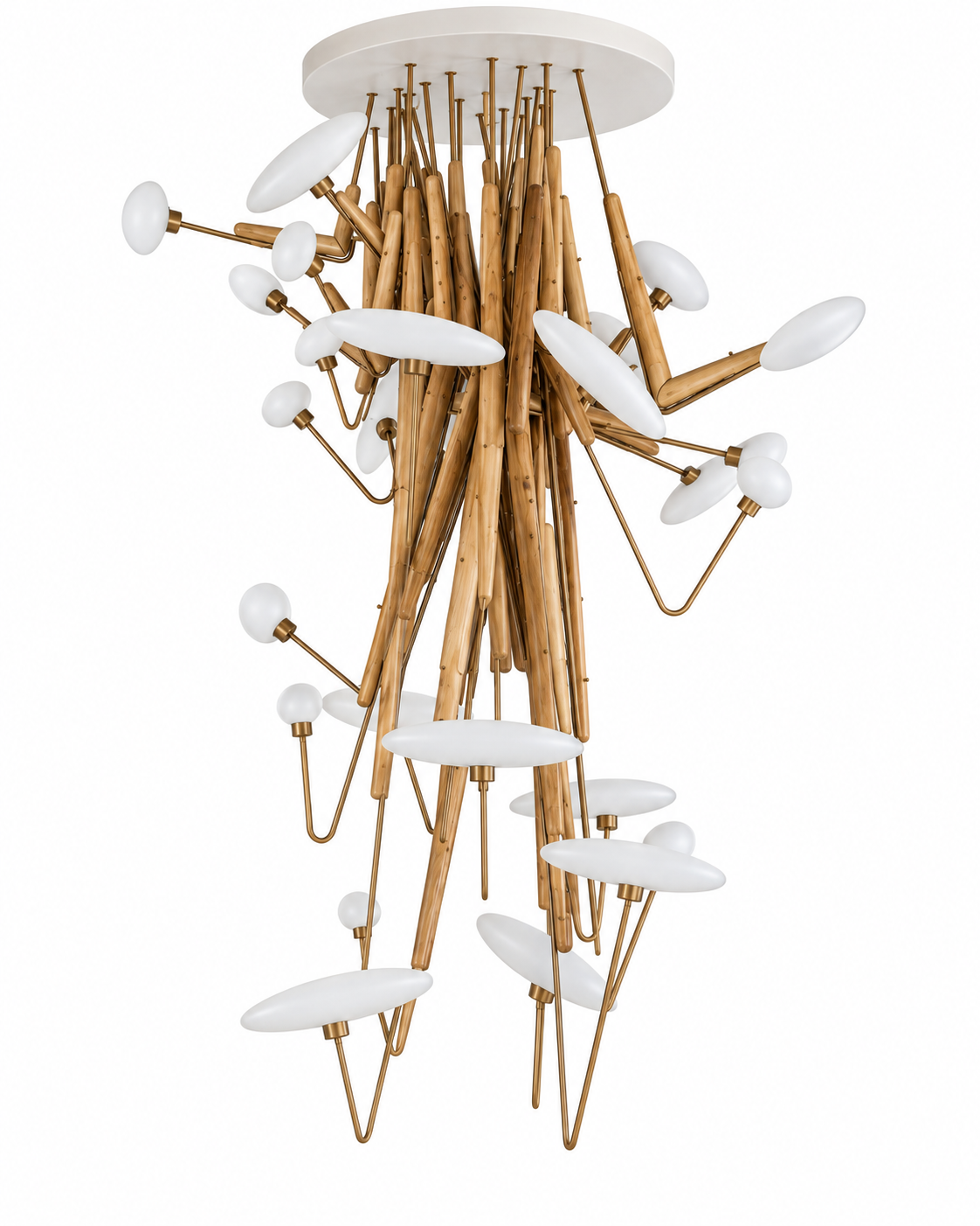 The Mikado Chandelier by The Qratist features polished teak, antique bronze stainless steel, and white frosted hand blown glass arranged in a dramatic cascading sculptural composition.