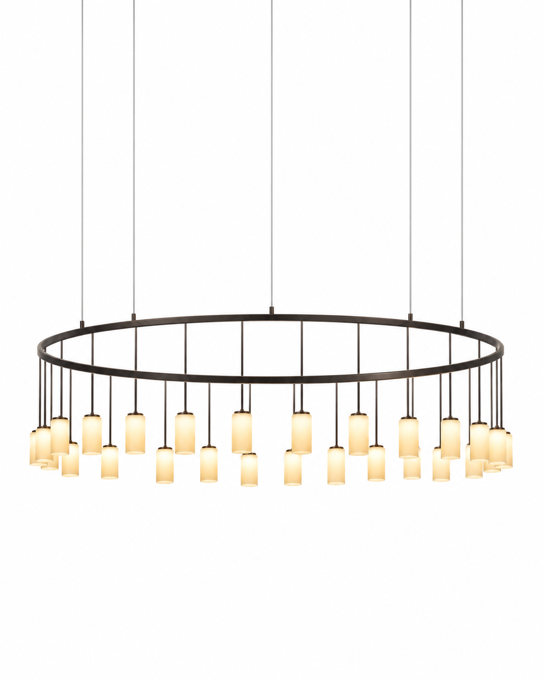 The Tiara Chandelier by The Qratist features suspended frosted glass cylinders arranged around a bronze finished stainless steel ring in a refined circular composition.