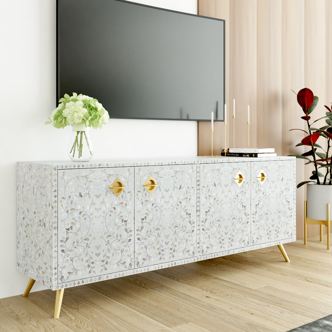 Iris TV Unit Cabinet - White Mother of Pearl Inlay