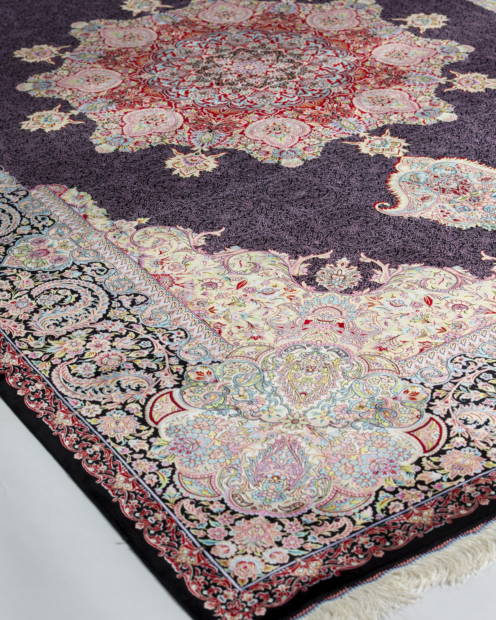 Valentina Persian silk carpet design detail in aubergine, 200 x 300 cm - Tabeer Homes Dubai