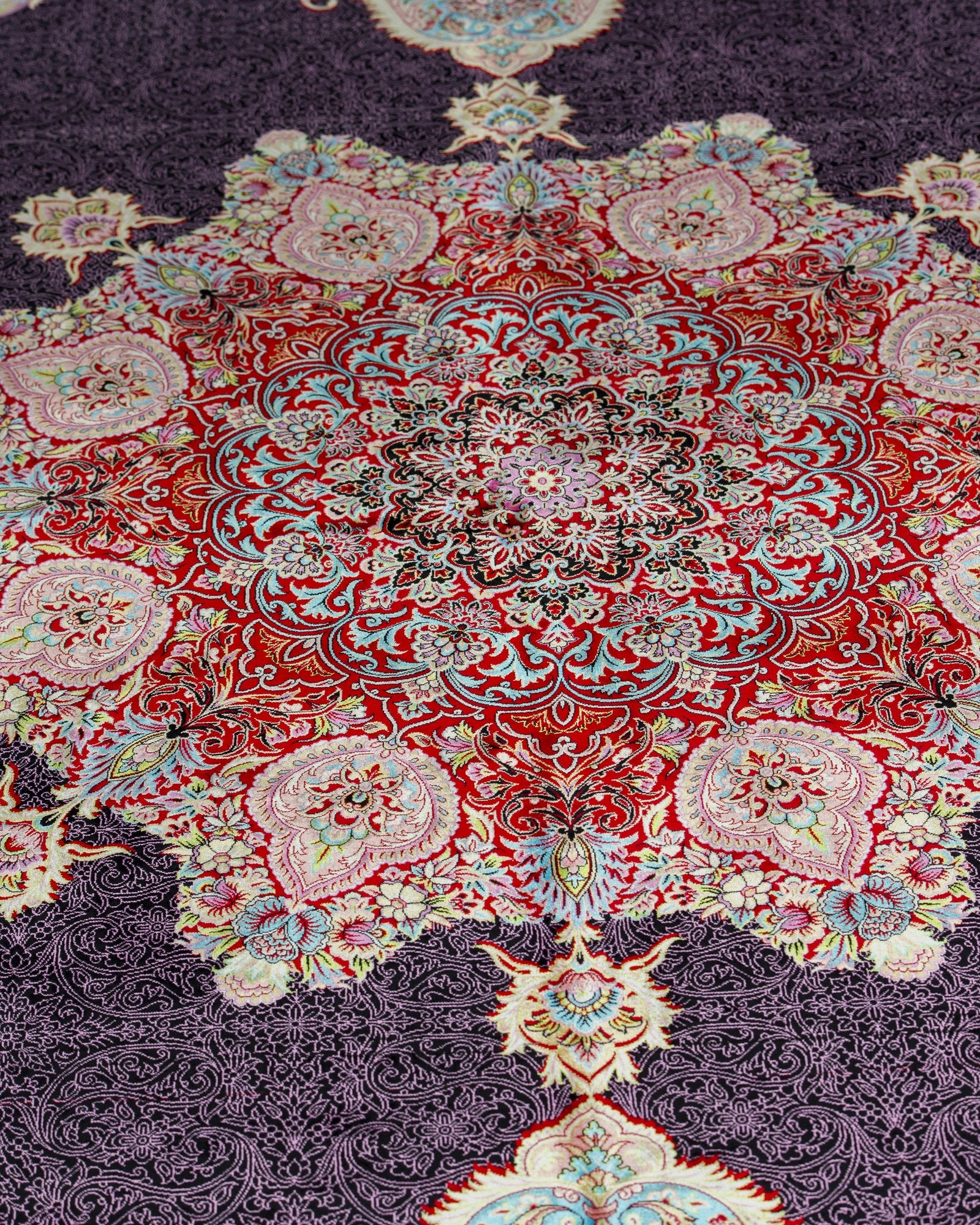 Valentina Persian silk rug centre medallion close-up, aubergine 200 x 300 cm - Tabeer Homes Dubai