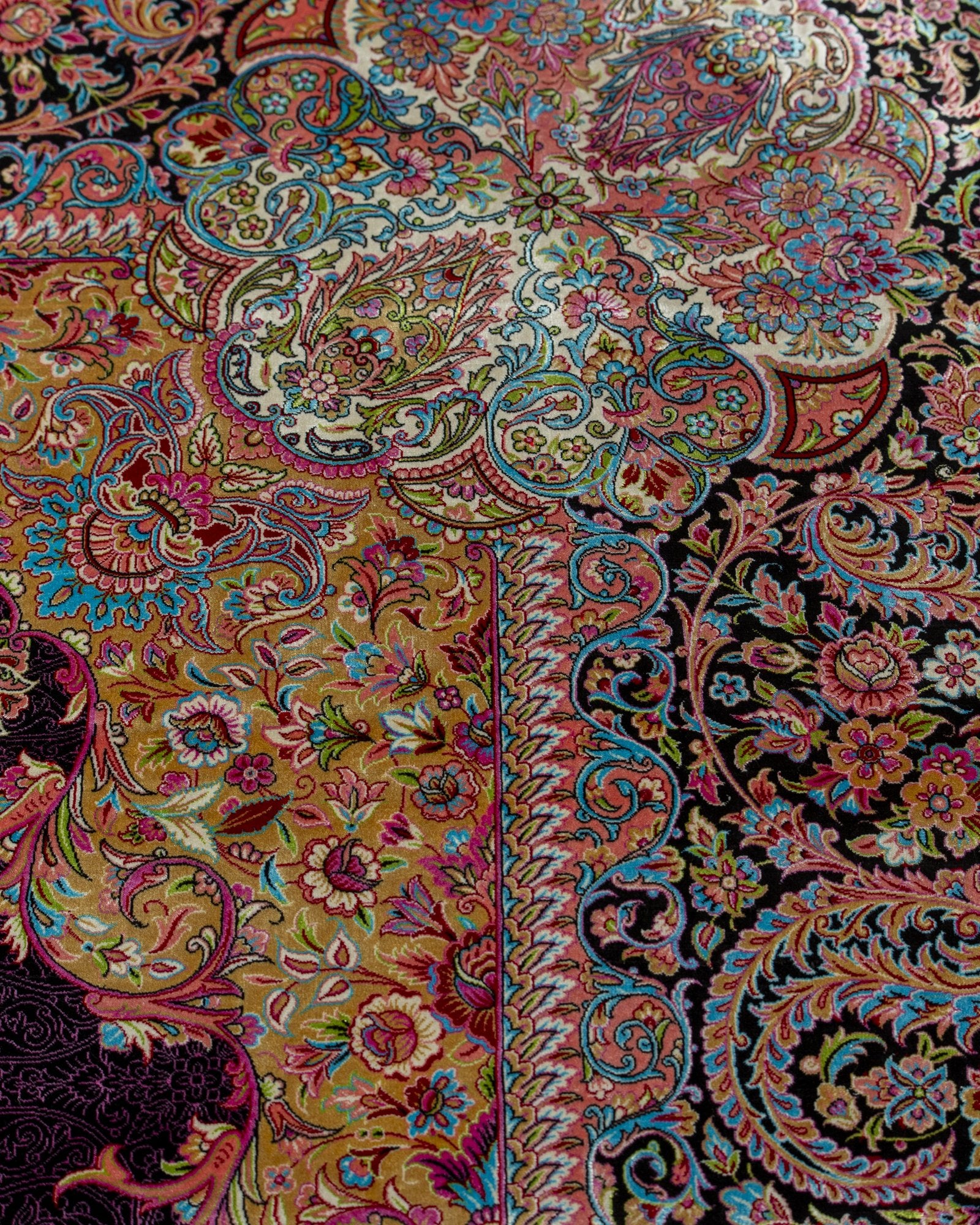 Valentina Persian silk rug folded corner showing fine weave, aubergine 200 x 300 cm - Tabeer Homes Dubai