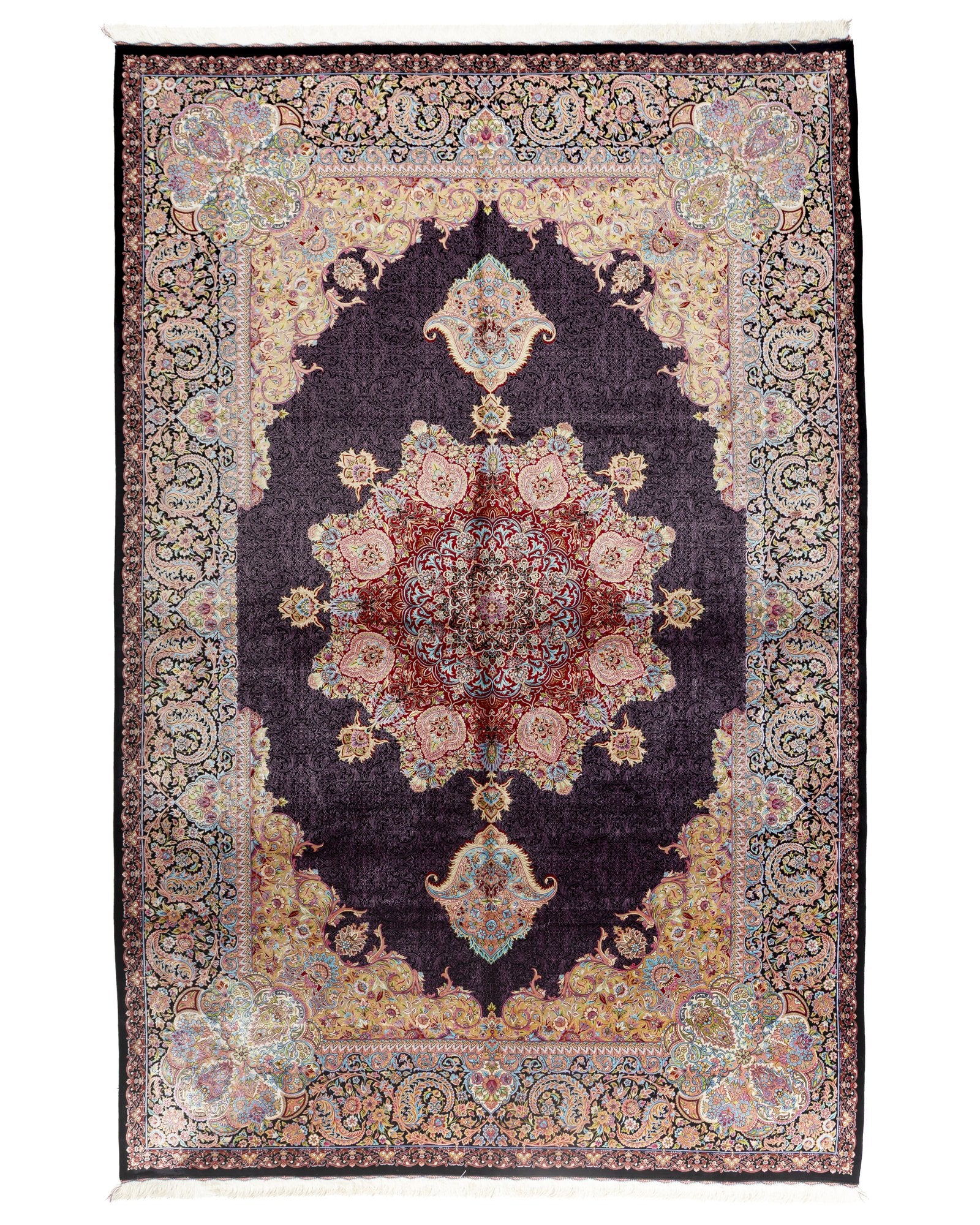 Valentina Persian silk carpet 200 x 300 cm in aubergine, full overhead view - Tabeer Homes Dubai