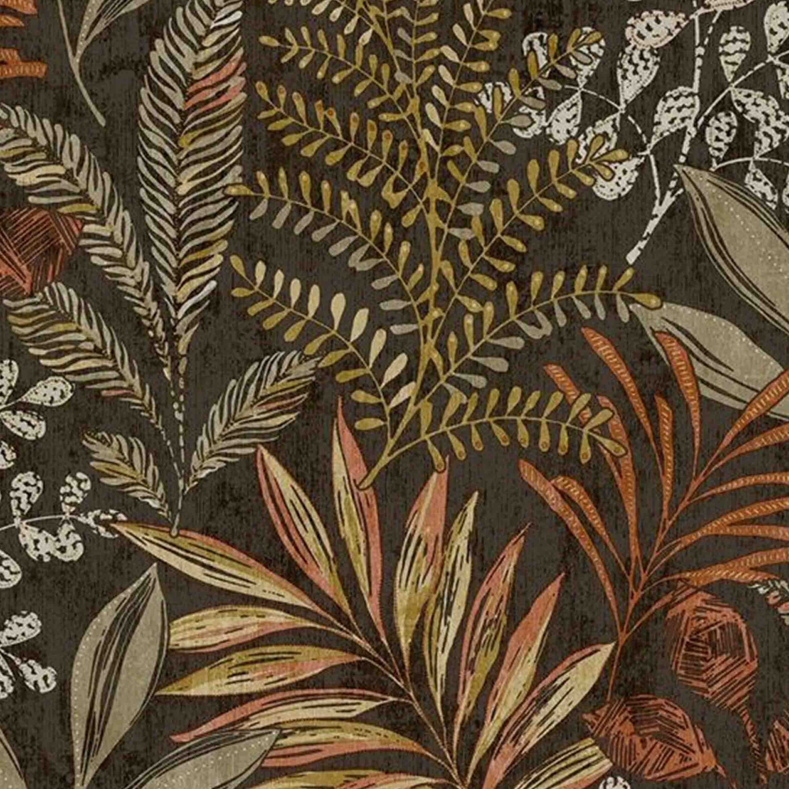 Close-up of Verdant wallpaper showcasing intricate botanical patterns in green, brown, and orange.