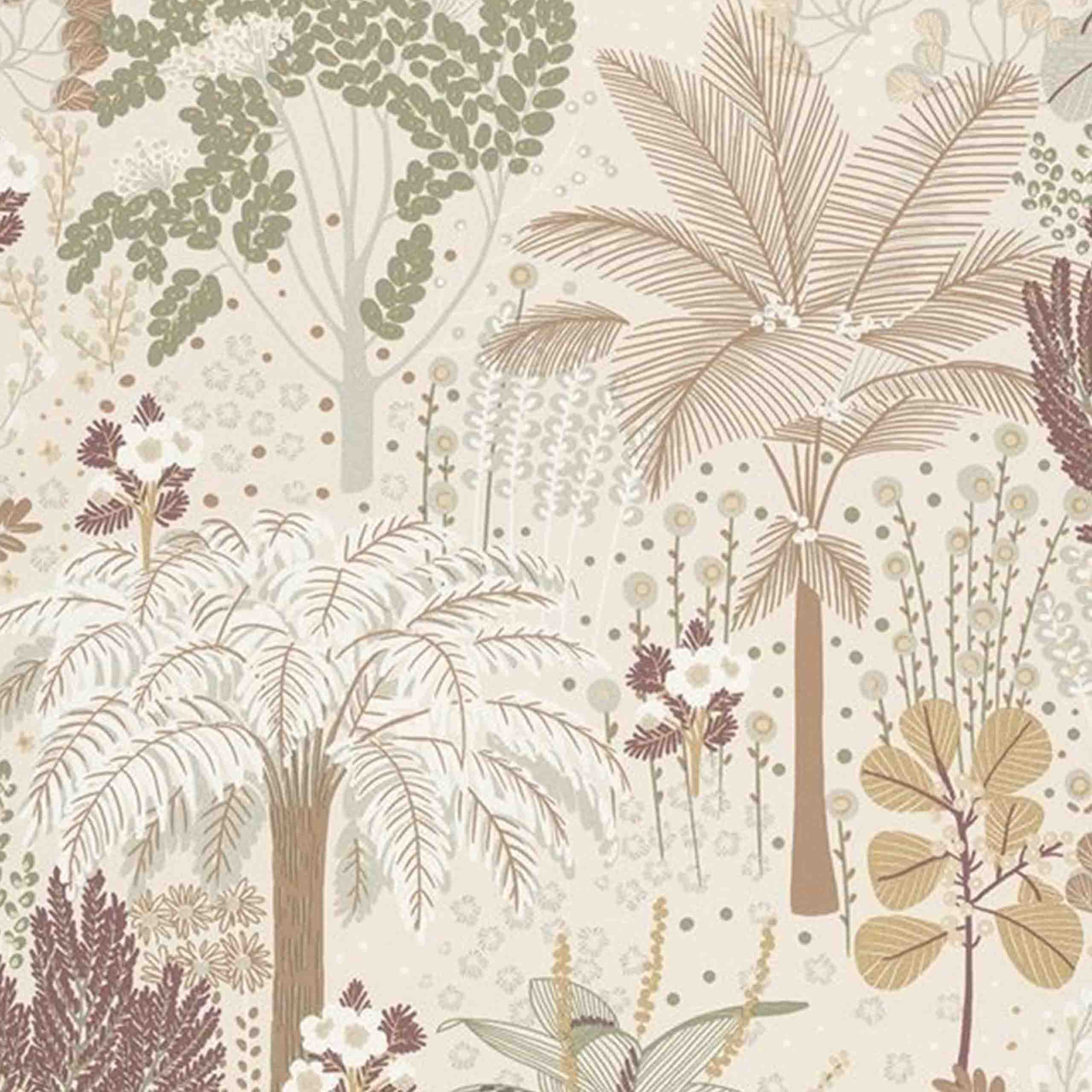 Verdia vinyl wallpaper featuring elegant botanical and floral designs in cream, green, and brown tones, perfect for natural-themed interiors.