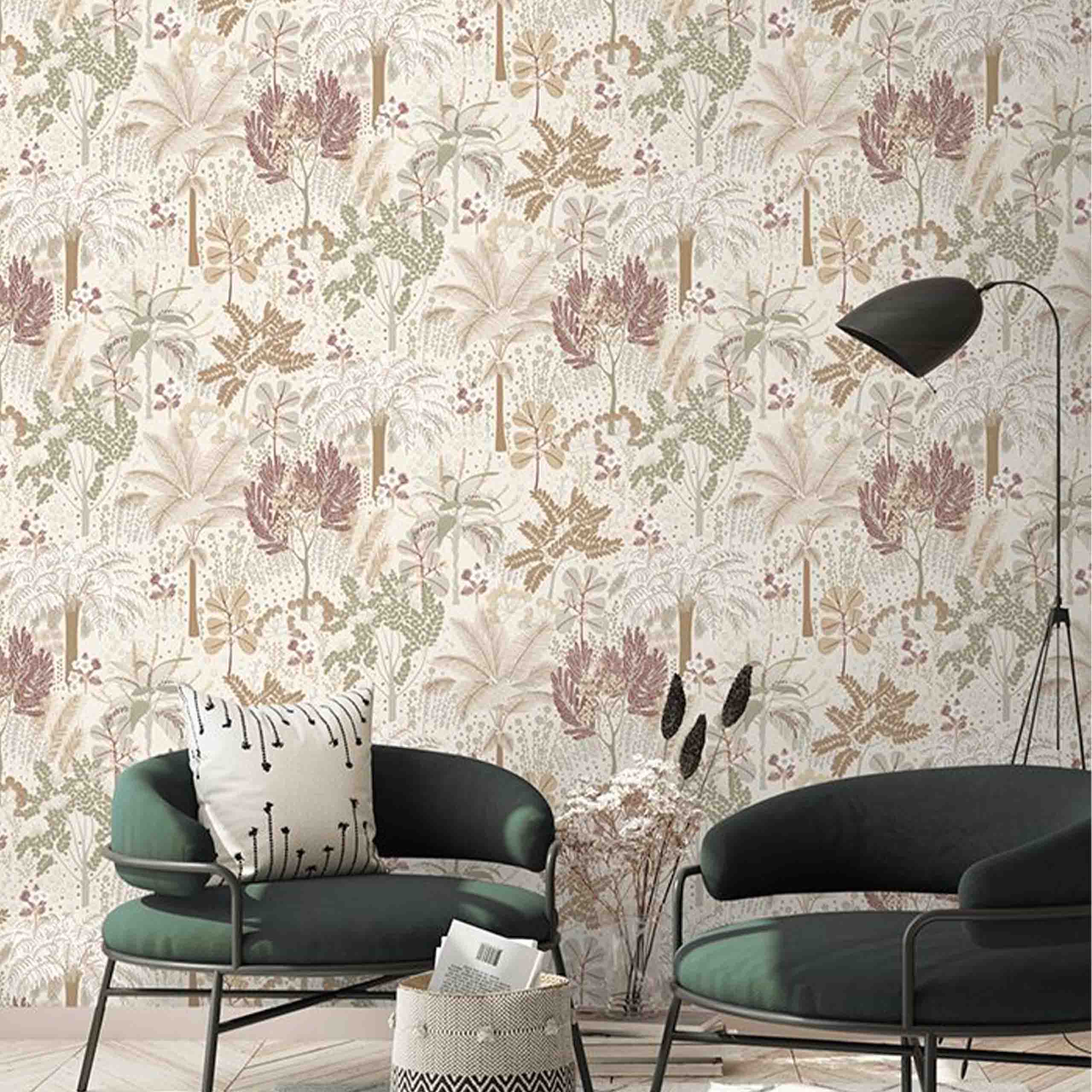 Verdia wallpaper displayed in a cozy room setting, showcasing soft botanical and floral motifs in cream, green, and brown tones.