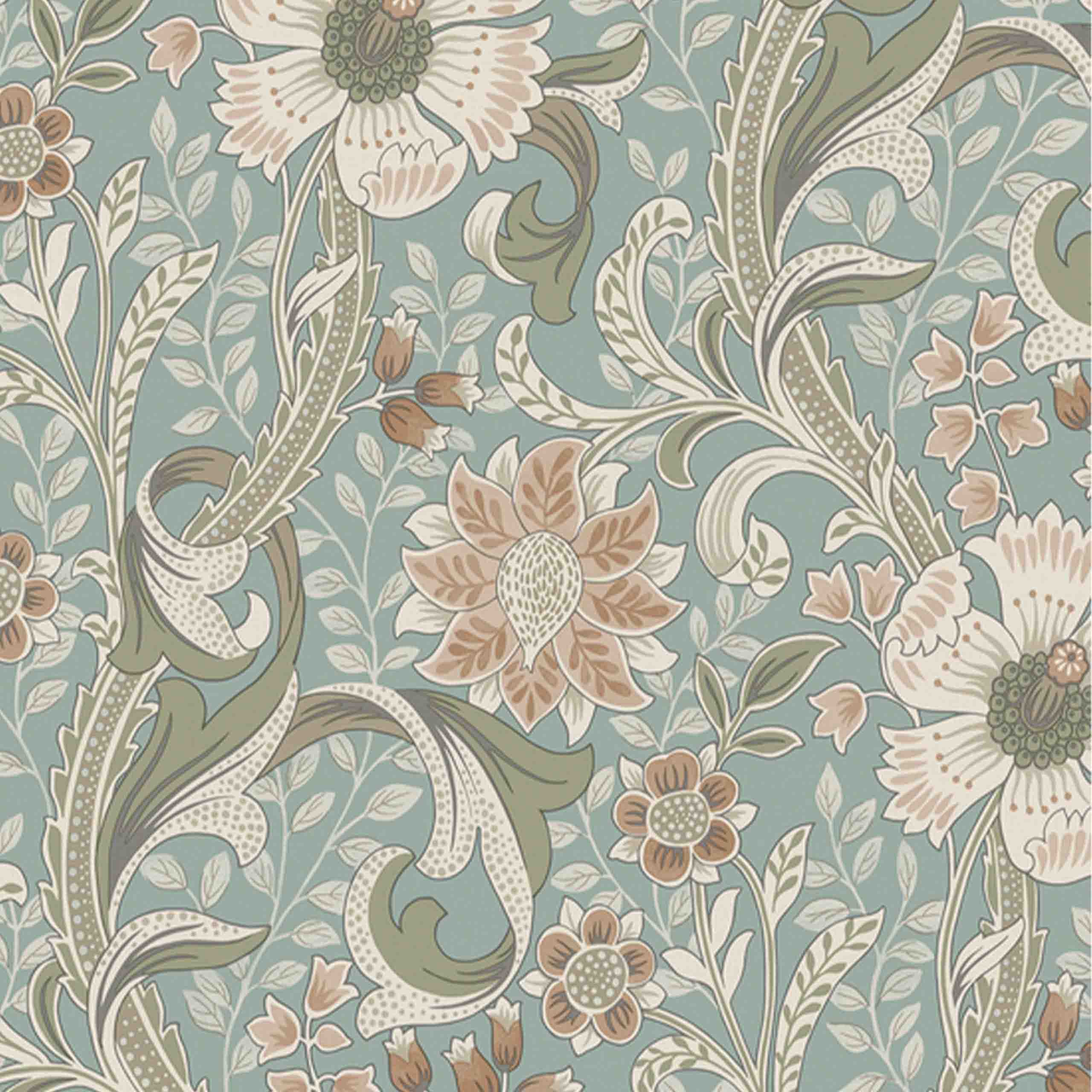 Detailed close-up of the blue Verdiana wallpaper showcasing its elegant leaf design.