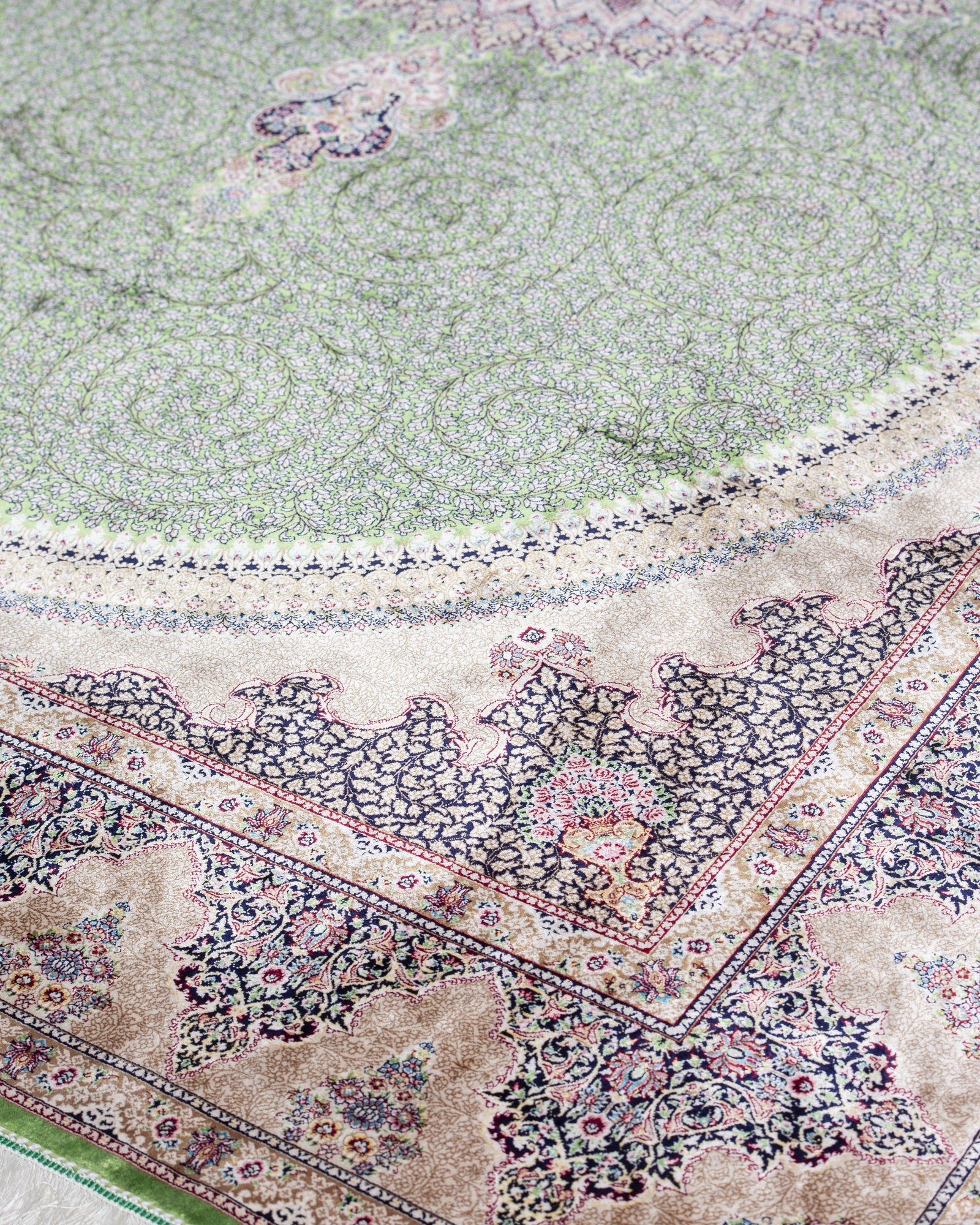 Verona Persian silk carpet design detail in sage green, 200 x 300 cm - Tabeer Homes Dubai