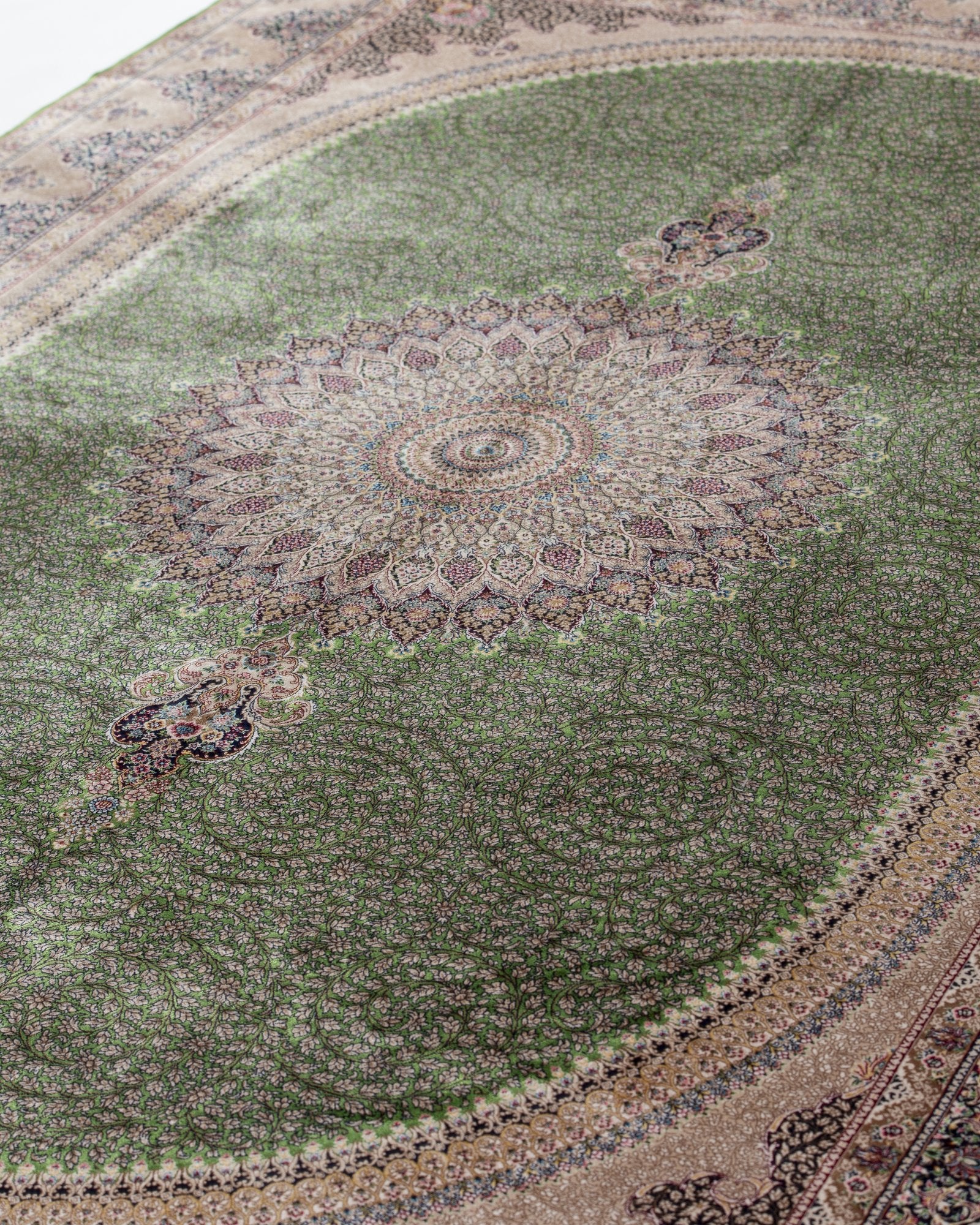 Verona Persian silk rug pile texture and sheen, sage green 200 x 300 cm - Tabeer Homes Dubai