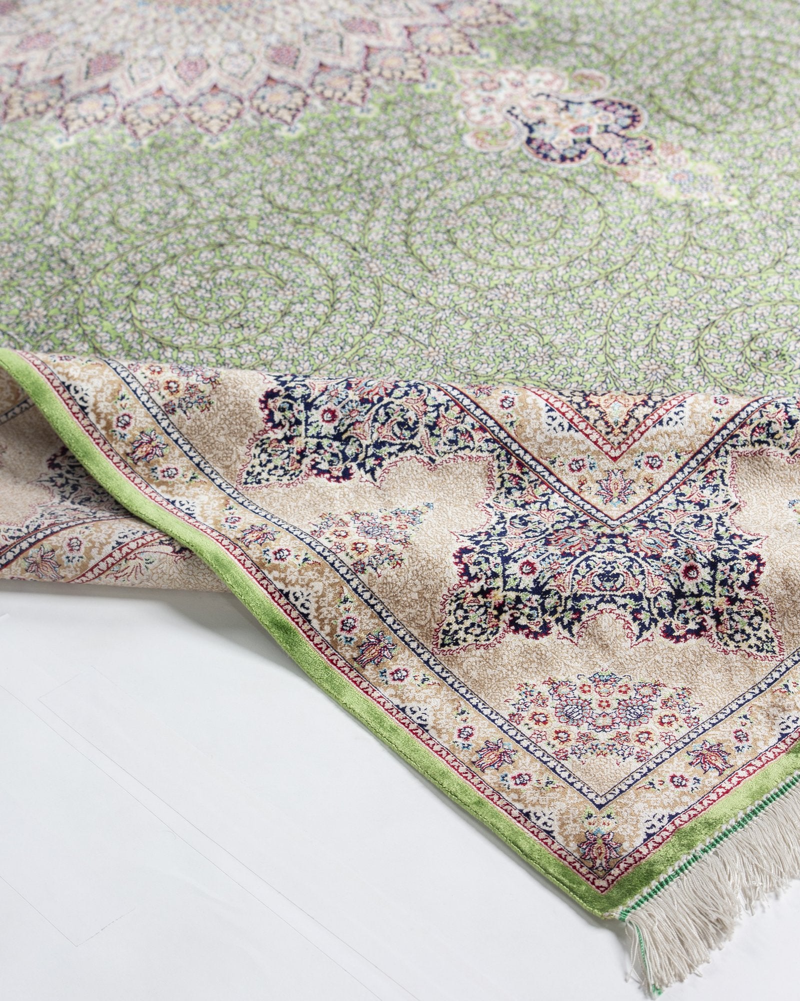 Verona silk carpet field pattern detail in sage green, 200 x 300 cm - Tabeer Homes Dubai
