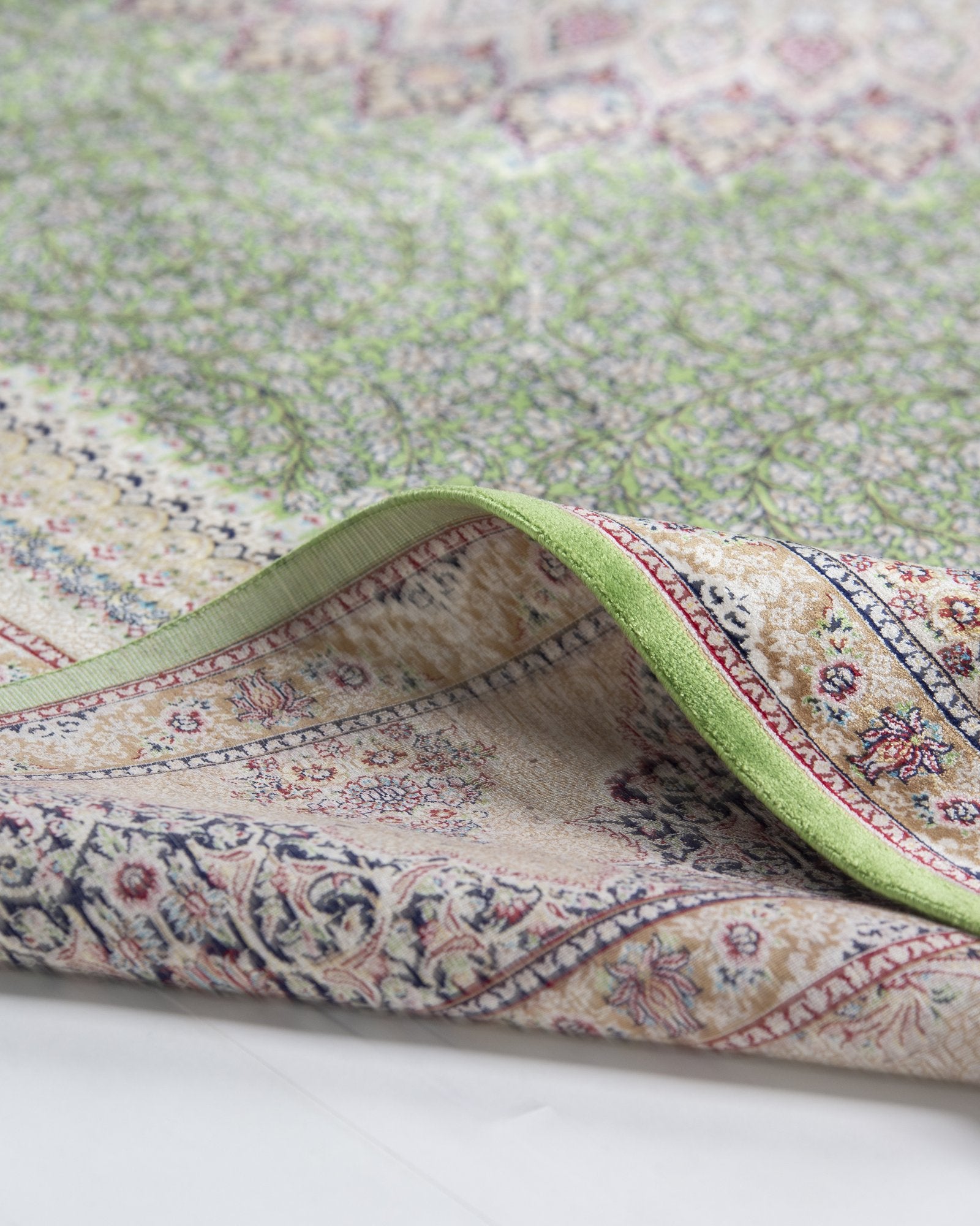 Verona Persian silk rug edge binding and back detail, sage green 200 x 300 cm - Tabeer Homes Dubai