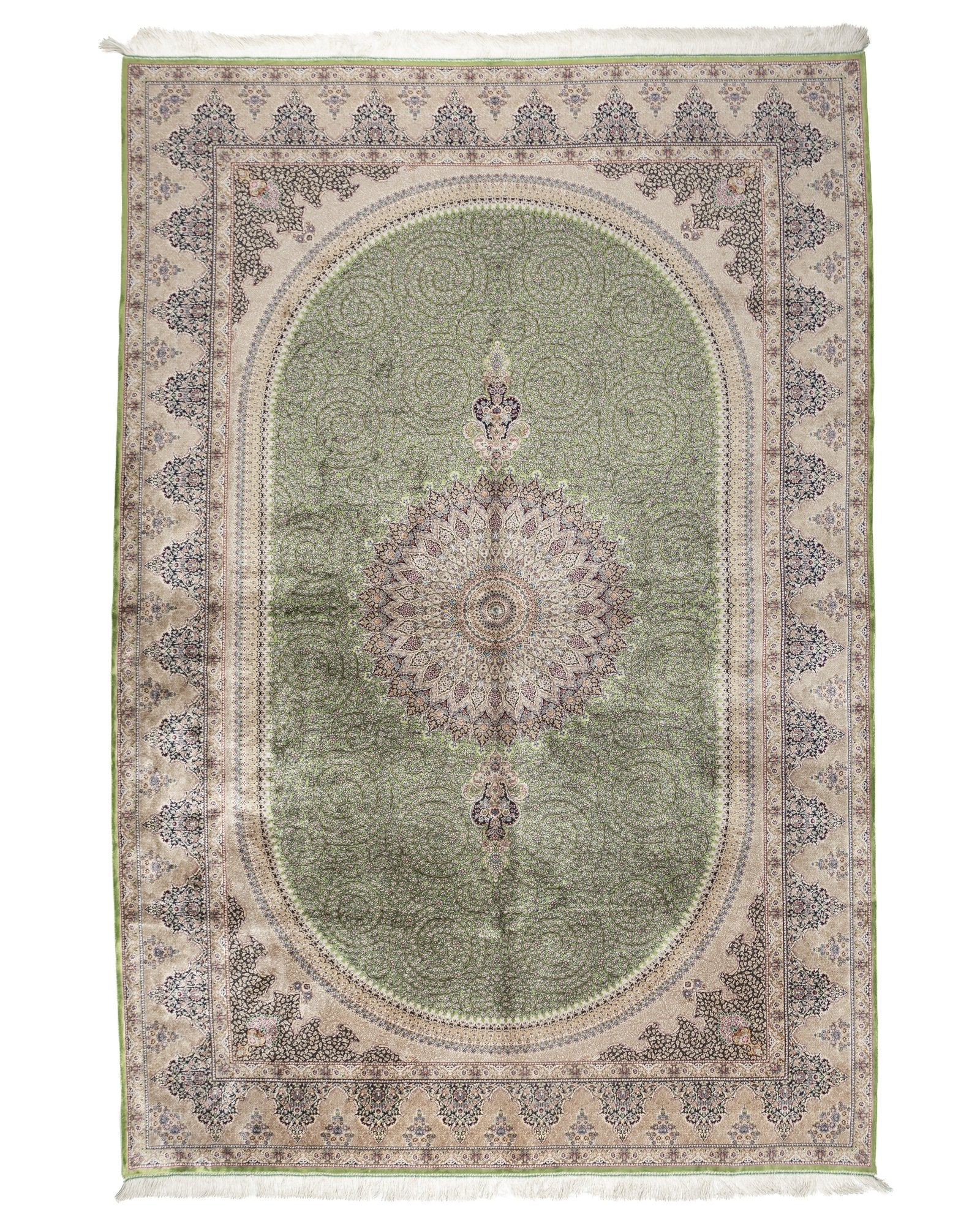 Verona Persian silk carpet 200 x 300 cm in sage green, full overhead view - Tabeer Homes Dubai