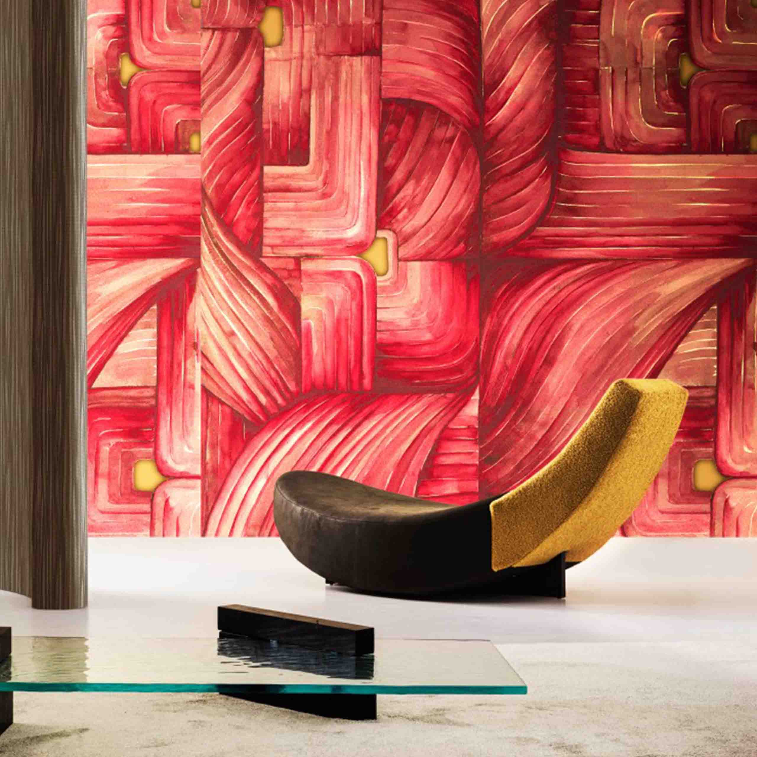 Stunning red abstract wallpaper featuring bold flowing patterns with golden accents, perfect for statement walls. 