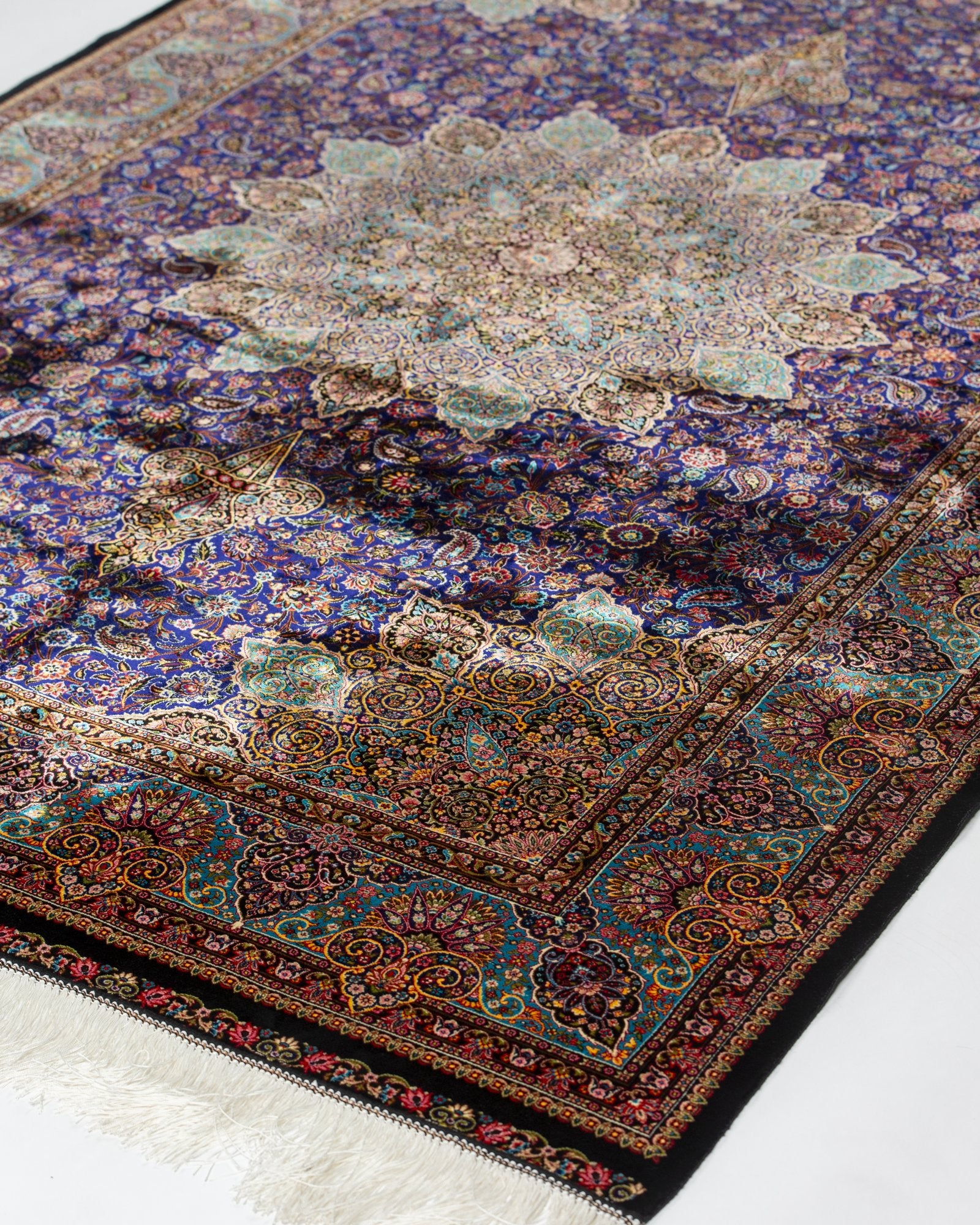 Violetta Persian silk carpet design detail, navy 225x150 cm - Tabeer Homes Dubai
