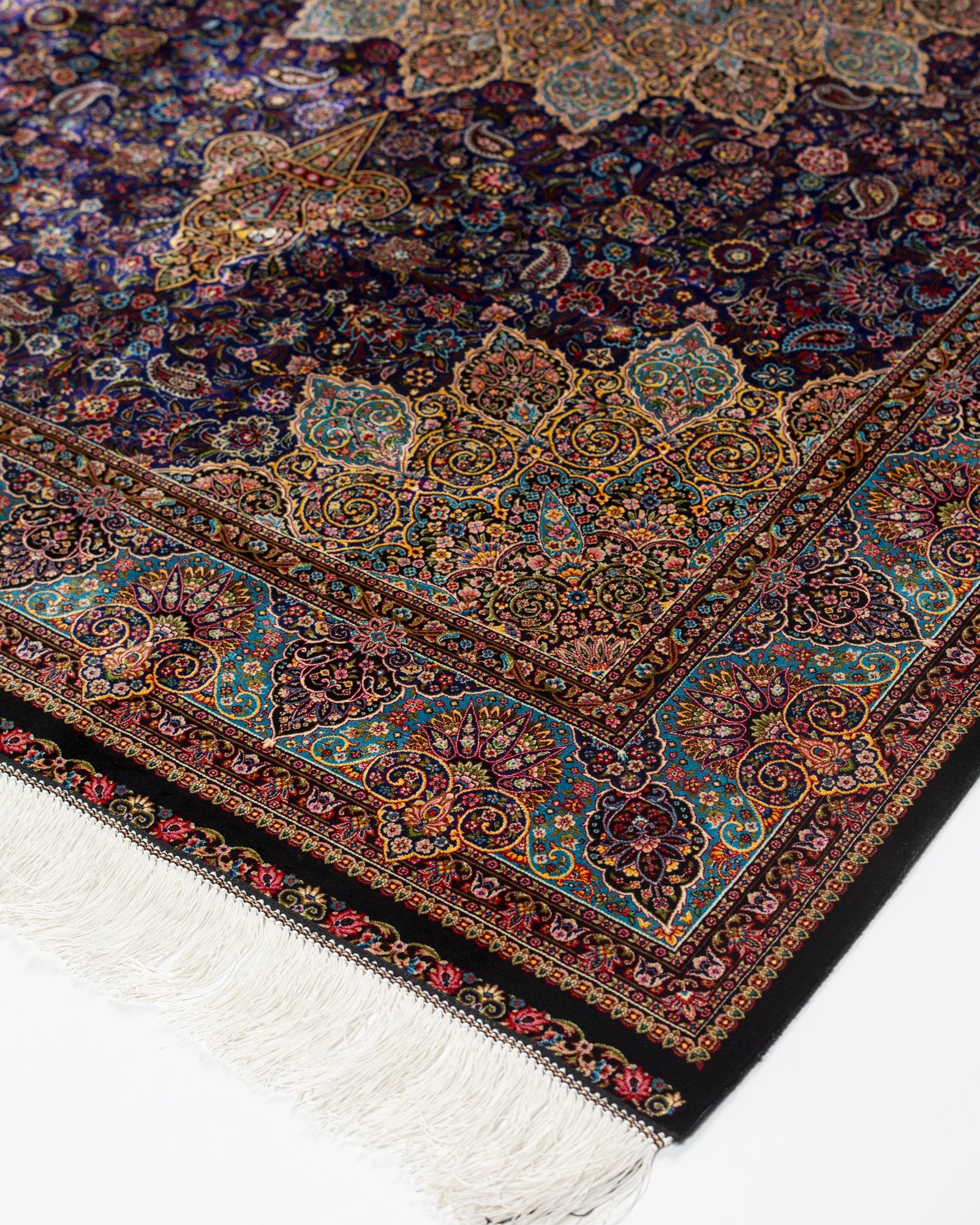 Violetta Persian silk carpet corner and fringe detail, navy 225x150 cm - Tabeer Homes Dubai