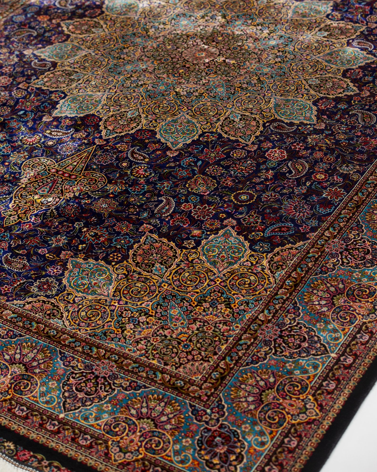 Violetta Persian silk carpet pile texture close-up, navy 225x150 cm - Tabeer Homes Dubai
