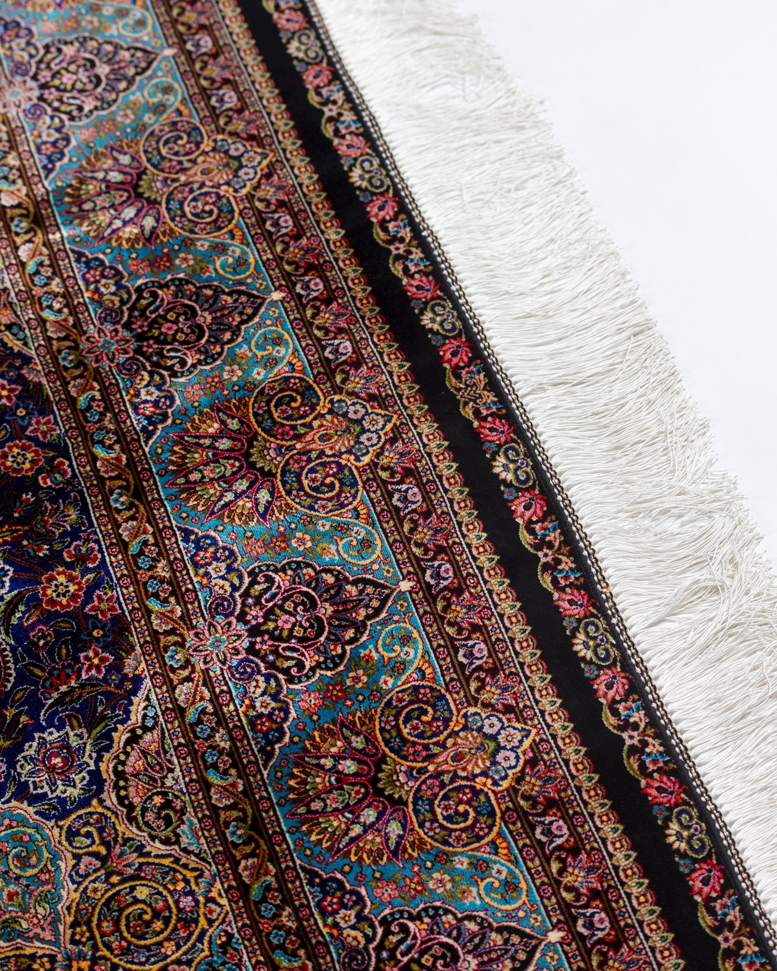 Violetta Persian silk carpet full angled view, navy 225x150 cm - Tabeer Homes Dubai
