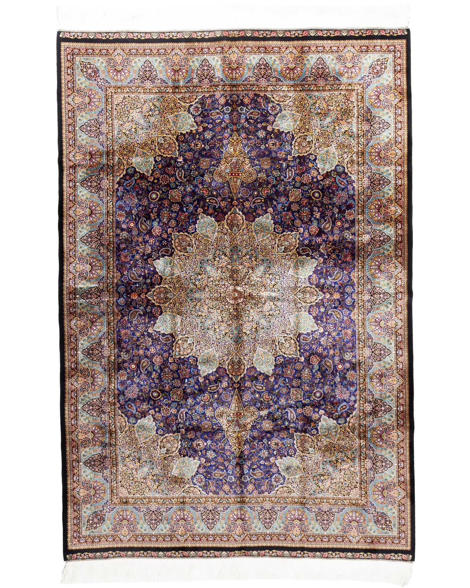 Violetta Persian silk carpet 225x150 cm in navy, full overhead view - Tabeer Homes Dubai