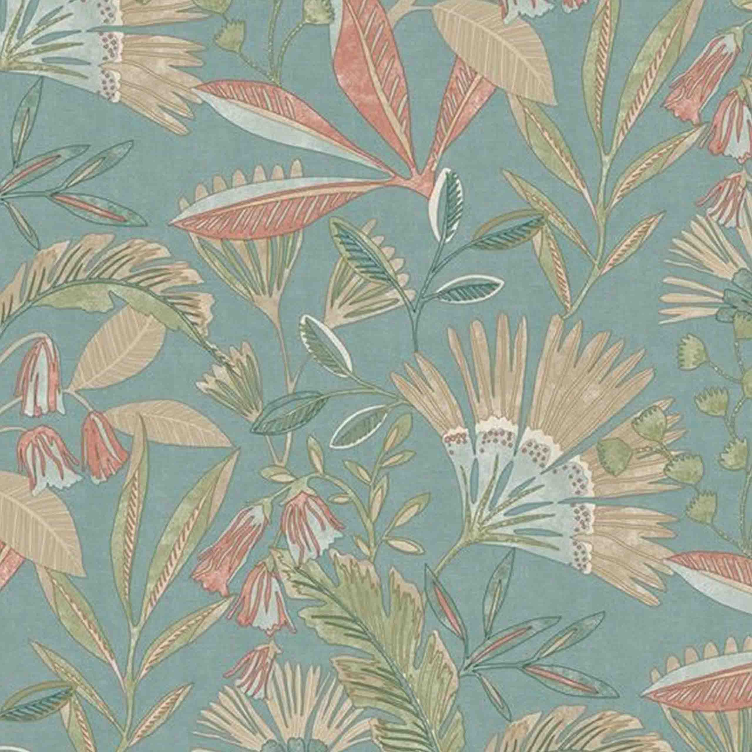 Viridia vinyl wallpaper featuring soft botanical and floral patterns in green and blue tones, ideal for serene and stylish home interiors.