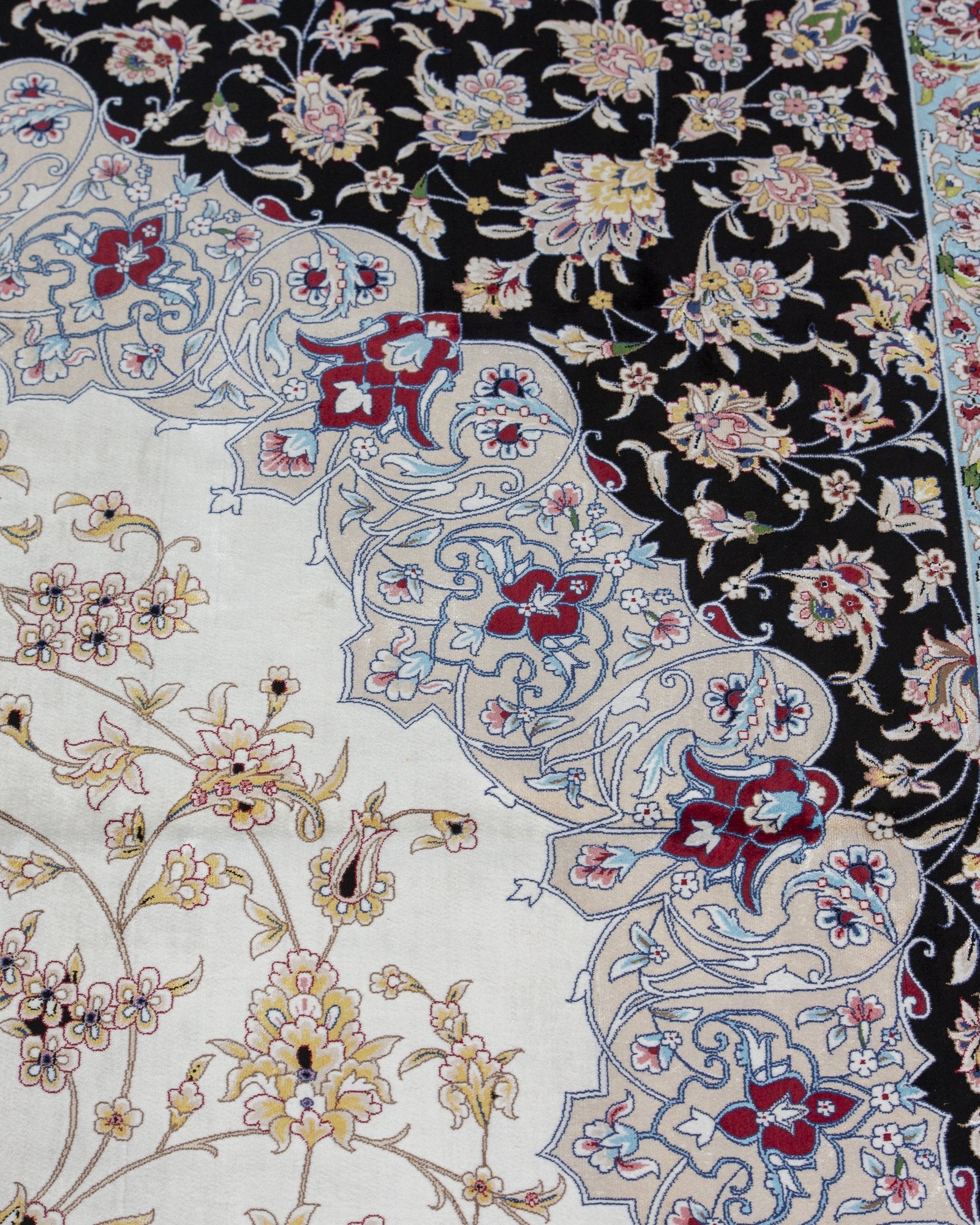 Yalda Persian silk rug folded corner showing fine weave, ivory and navy 300 x 400 cm - Tabeer Homes Dubai