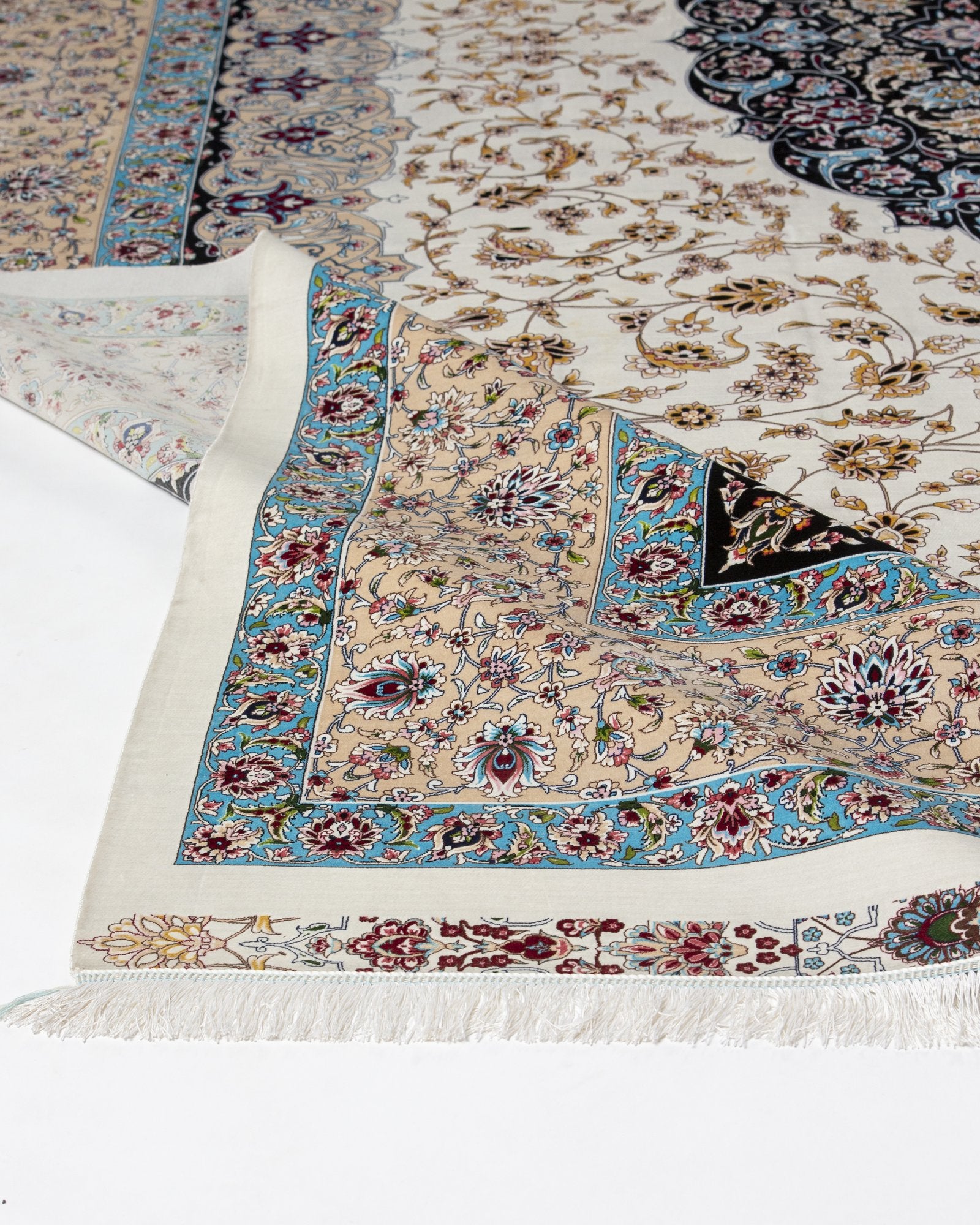 Yalda Persian silk rug edge binding and back detail, ivory and navy 300 x 400 cm - Tabeer Homes Dubai